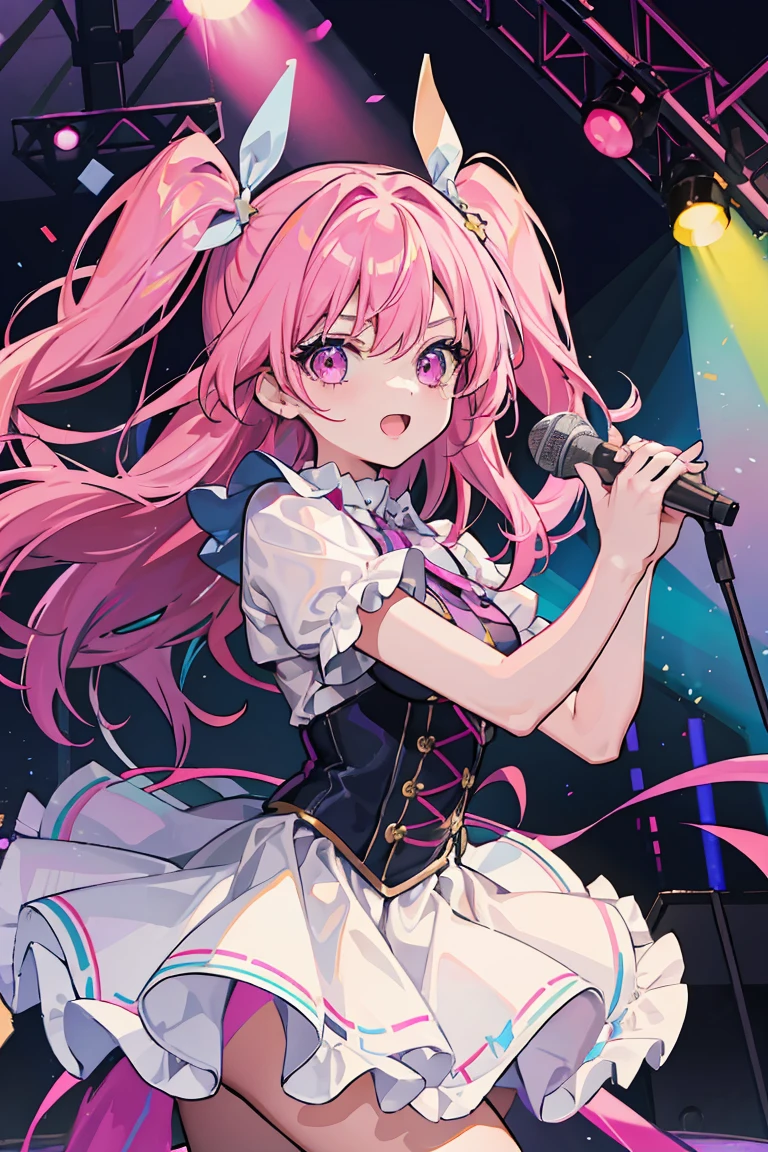 1 girl, Idol, Colorful clothes, nice, Open your mouth wide, Holding a microphone, sing, Purple long hair, One Side Up, Big bouncy hair, dance, ribbon, Pink Eyes, Glamorous stage, Spotlight, 16 years old, Colorful Hair, Messy Hair, tonality, Romanticism, modern art, Impressionism, reflected light, 8k, masterpiece, Advanced Details, highest quality, Accurate