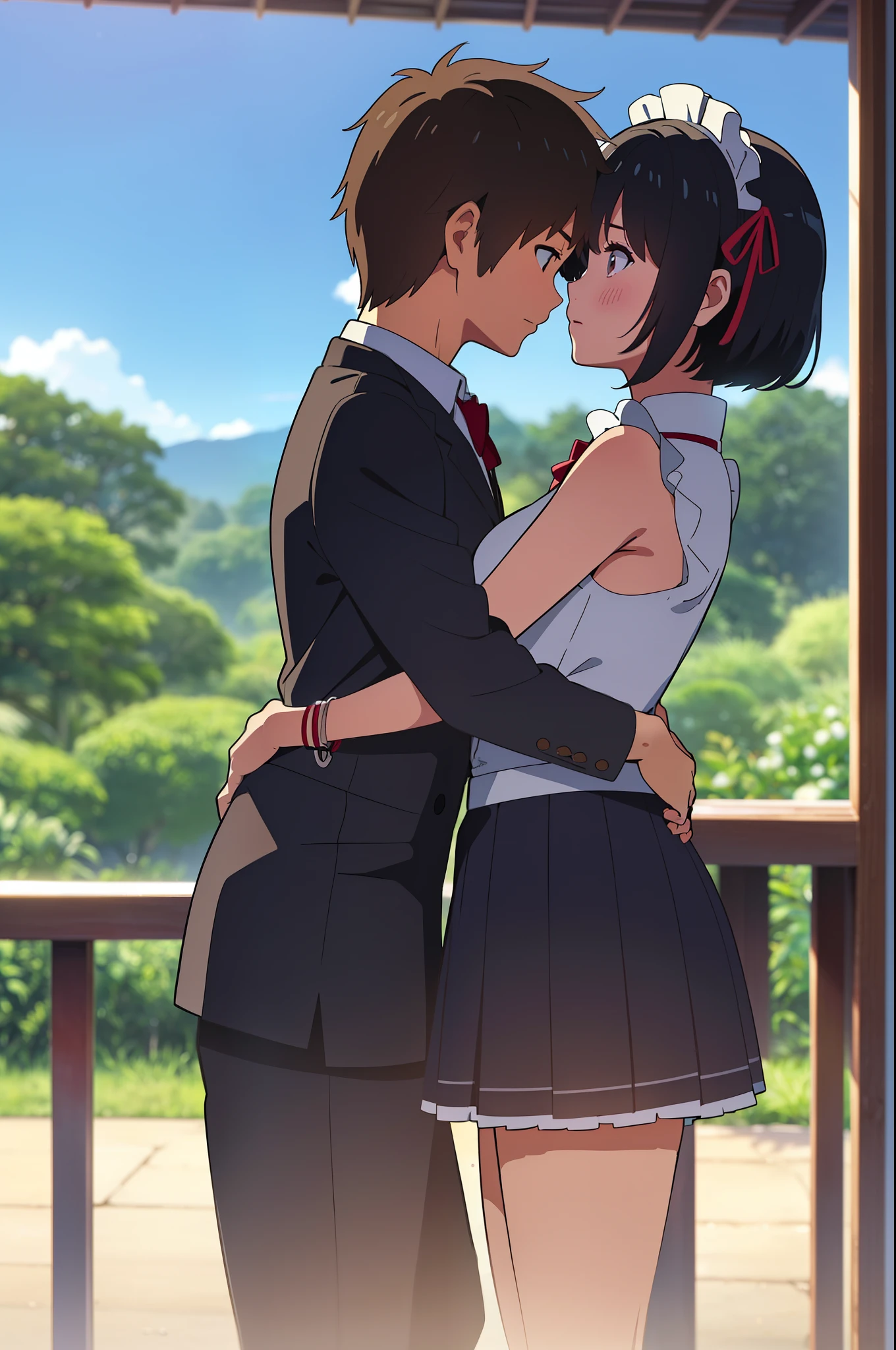 shinkai makoto, kimi no na wa., 1girl, 1boy, bangs, black hair, blush, brown eyes, (boy wear Suspender Clothes), ((girl wear maid dress, short dress, short skirt, maid headdress), bow, ribbon, short hair, cute, love, couple, adorable, Off-the-shoulders, dating, (((face to face))), bracelet, passionate hug, Rainforest background, in the forest, park, night, night sky, scenery