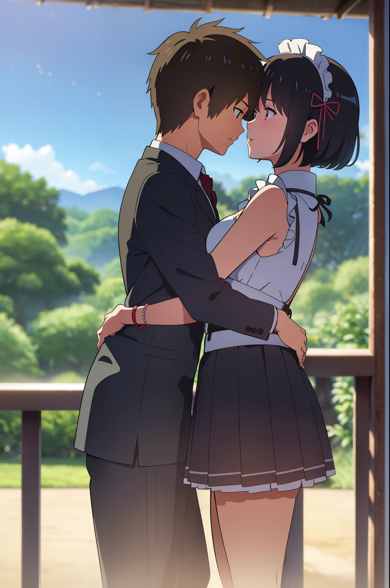 shinkai makoto, kimi no na wa., 1girl, 1boy, bangs, black hair, blush, brown eyes, (boy wear Suspender Clothes), ((girl wear maid dress, short dress, short skirt, maid headdress), bow, ribbon, short hair, cute, love, couple, adorable, Off-the-shoulders, dating, (((face to face))), bracelet, passionate hug, Rainforest background, in the forest, park, night, night sky, scenery