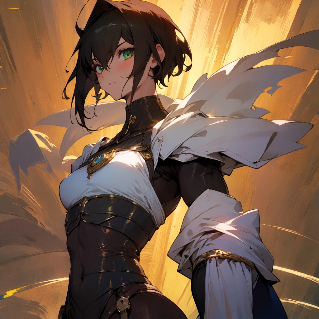 Girl, Vtuber model, Short, dark hair with a diagonal fringe falling over the left eye. Round and expressive emerald green eyes. Strong and defined facial features, with a firm mouth and a small nose. Wearing a gothic and somber style, with shades of black, red, and gold, and adorned with precious stone accessories. Stands at a height of 1.65m, athletic and muscular, with clear and radiant skin, smooth in texture. Adorned in a fighting outfit with leather and metal details, accentuating their athletic figure