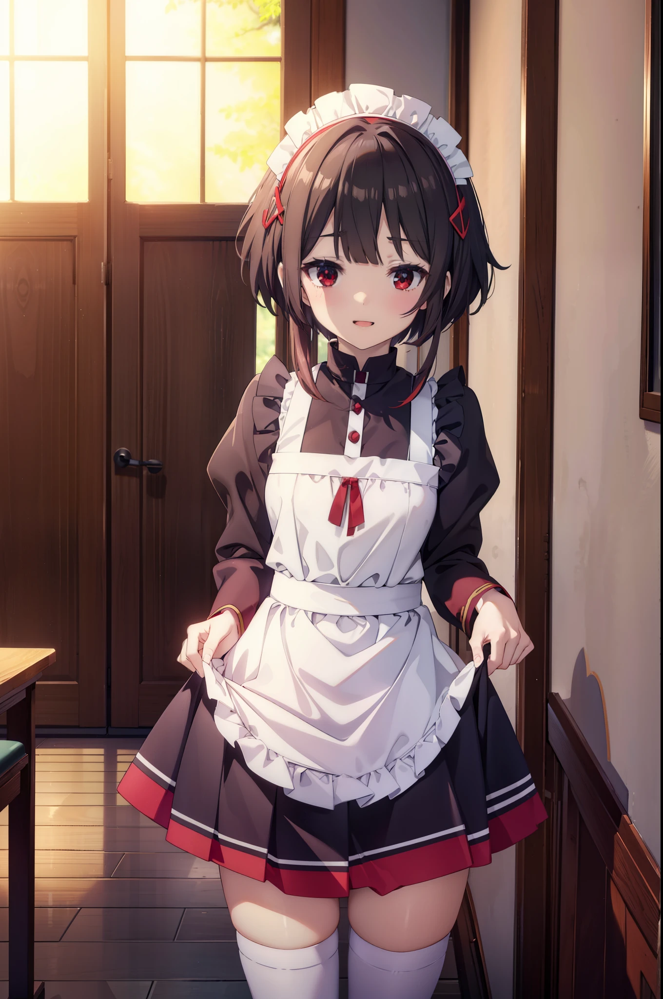 konosubaMegumin, Megumin, short hair, Black Hair, (Red eyes:1.3), short hair with long locks,skirtの裾を両手で持ち上げている,
headdress, Maid clothes,dress,ロングskirt,White Pantyhose,short boots, apron, 両手でskirtを持ち上げている,Looking at the audience, happy smile, smile, blush,Open your mouth,skirt, skirt lift, 自分で持ち上げる
break indoors, coffee shop,
break looking at viewer, (Cowboy Shot:1.5),
break (masterpiece:1.2), highest quality, High resolution, unity 8k wallpaper, (shape:0.8), (Fine and beautiful eyes:1.6), Highly detailed face, Perfect lighting, Highly detailed CG, (Perfect hands, Perfect Anatomy),