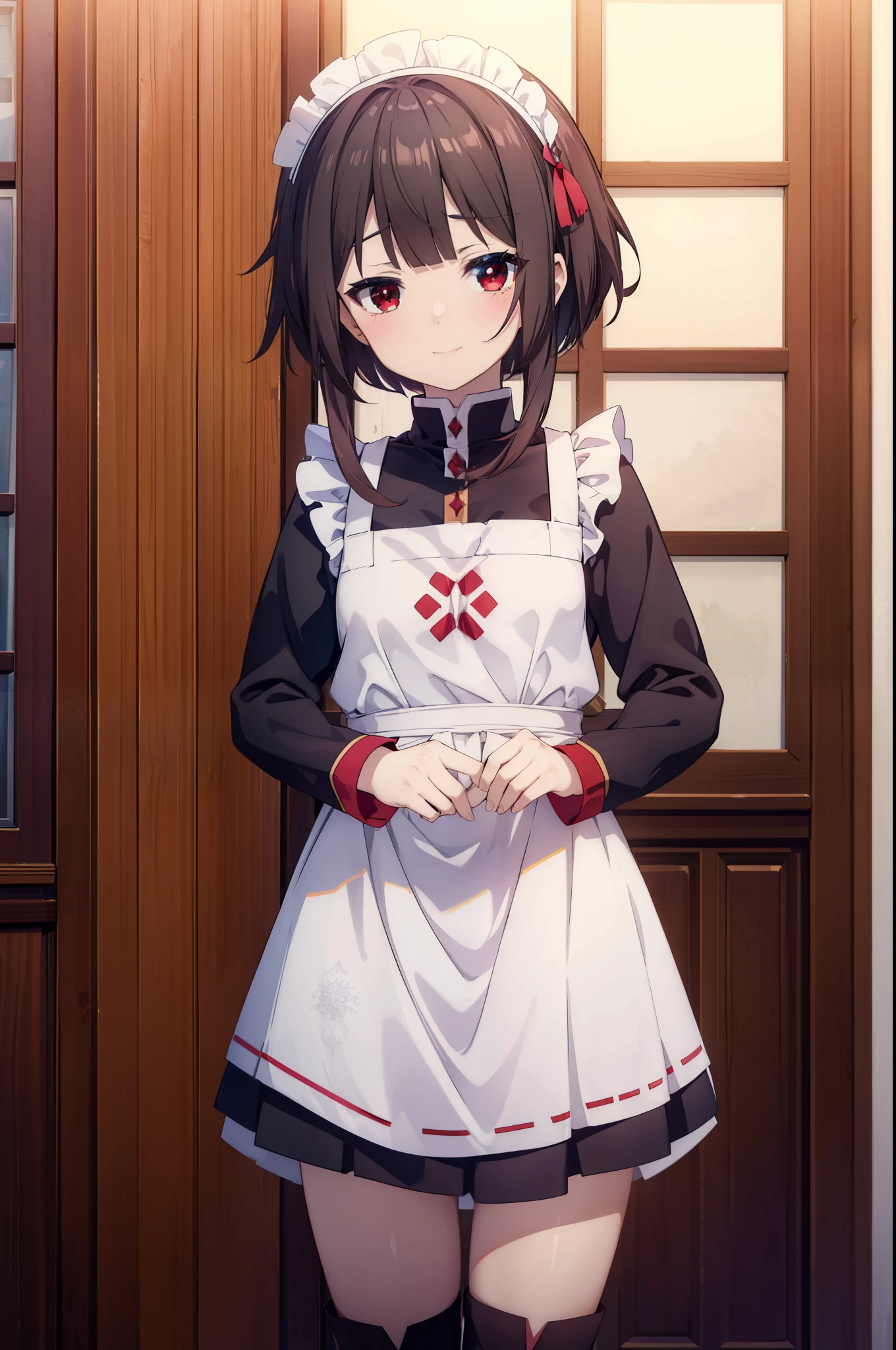 konosubaMegumin, Megumin, short hair, Black Hair, (Red eyes:1.3), short hair with long locks,skirtの裾を両手で持ち上げている,
headdress, Maid clothes,dress,ロングskirt,White Pantyhose,short boots, apron, 両手でskirtを持ち上げている,Looking at the audience, happy smile, smile, blush,Open your mouth,skirt, skirt lift, 自分で持ち上げる
break indoors, coffee shop,
break looking at viewer, (Cowboy Shot:1.5),
break (masterpiece:1.2), highest quality, High resolution, unity 8k wallpaper, (shape:0.8), (Fine and beautiful eyes:1.6), Highly detailed face, Perfect lighting, Highly detailed CG, (Perfect hands, Perfect Anatomy),