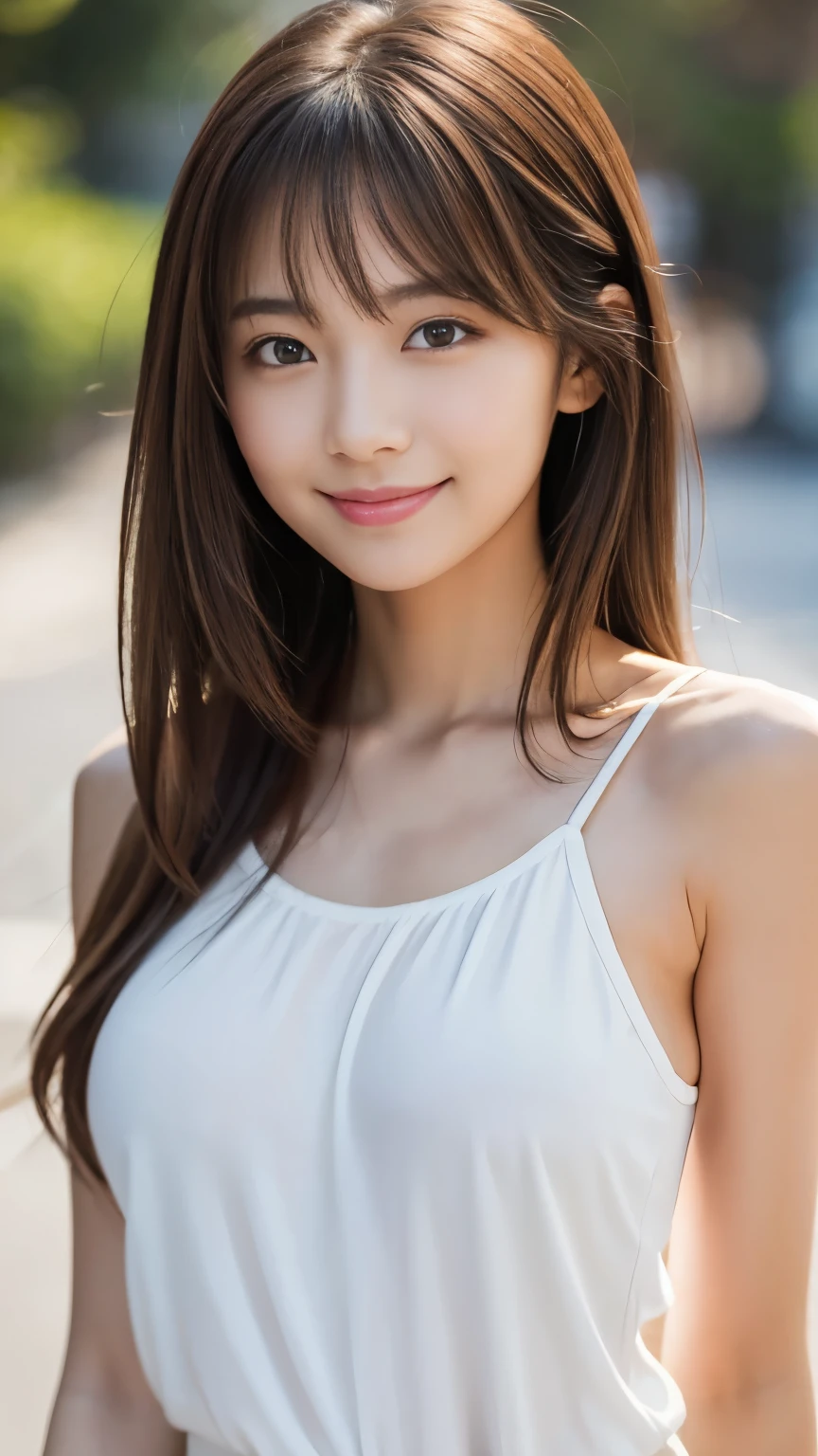 masterpiece, best quality, ultra high res, ultra detailed, sharp focus, 1girl, solo, a stunning pretty and beautiful Japanese sexy model, 19yo, looking at viewer:1.3, (bright smile:0.6), wearing a (blouse), dusk, sunset, night, realistic, slender, (standing:1.1), (looking at the viewer:1.3), sexy gaze, blush, (upper body shot:1.6), medium hair, messy hair, asymmetrical bangs, light brown hair, messy hair style, ((Pure white camisole、Hands behind head、smile、Light clothing))