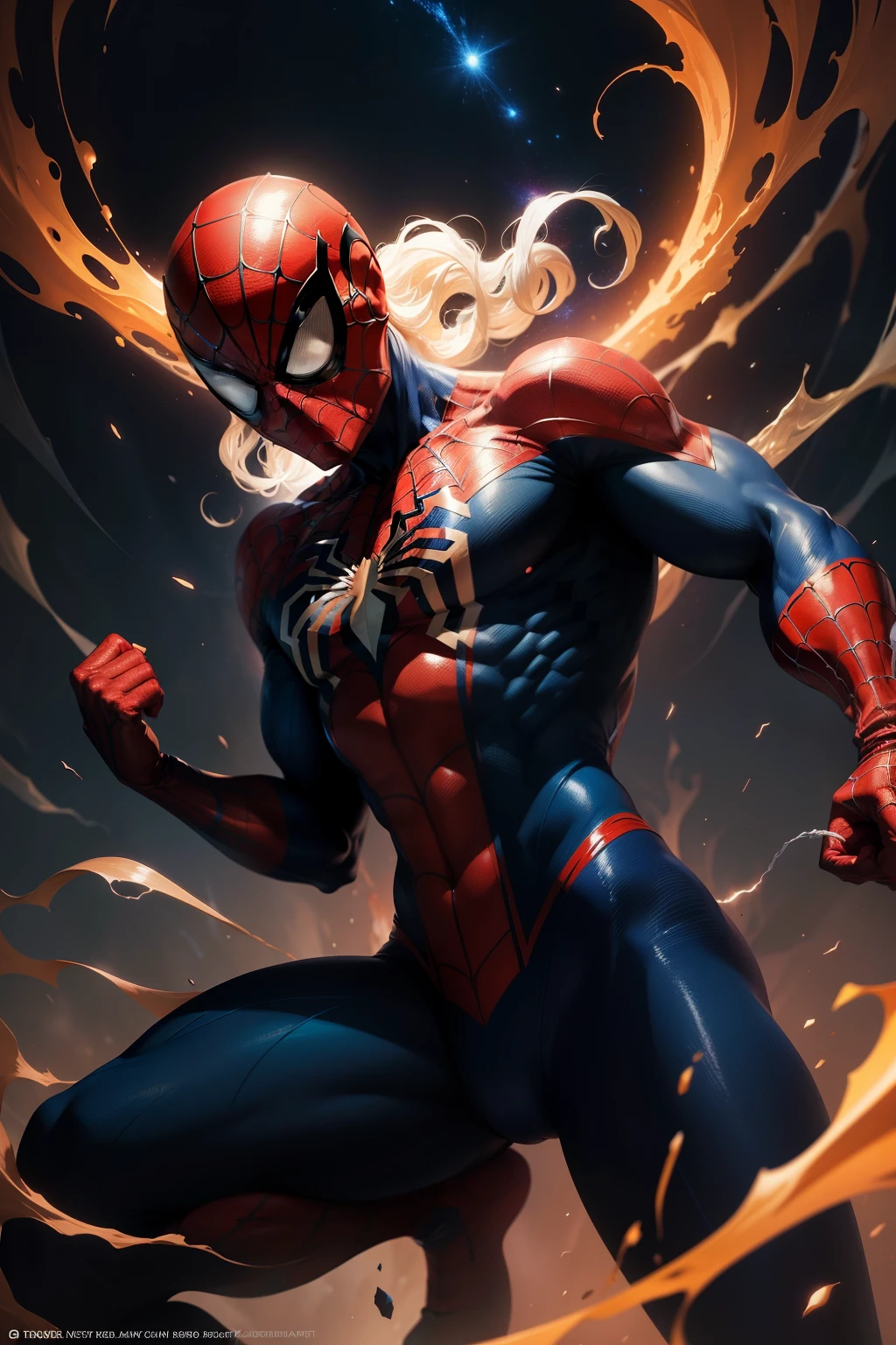 In the captivating world of comic art, the Amazing Spiderman leaps off a 2D wallpaper, his agile form illustrated in the distinctive style of Cosmic Jester. Draped in his iconic red and blue suit, Spiderman's muscles are defined in dark white and white contrasts, creating an intriguing depth. The scene radiates with a cosmic jester's flair for the dramatic, as darksynth accents add an electrifying energy. The background art splashes with luminescent colors, enhancing the otherworldly atmosphere, setting the stage for an exhilarating adventure. Howard Schatz's masterful touch brings every detail to life,