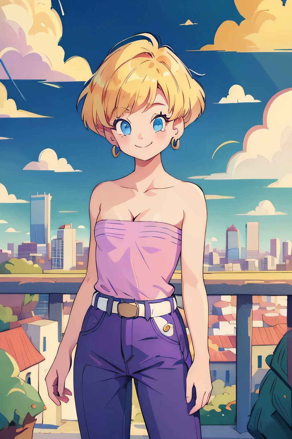 (Best Quality, Masterpiece:1.4), (Absurdres:1.2), 1 girl, Solo, erasa, blonde hair, blue eyes, earrings, pink shirt,  strapless, cleavage, white belt, purple pants, small breasts, sky, clouds, cityscape, smile, looking at viewer, cowboy shot, railing