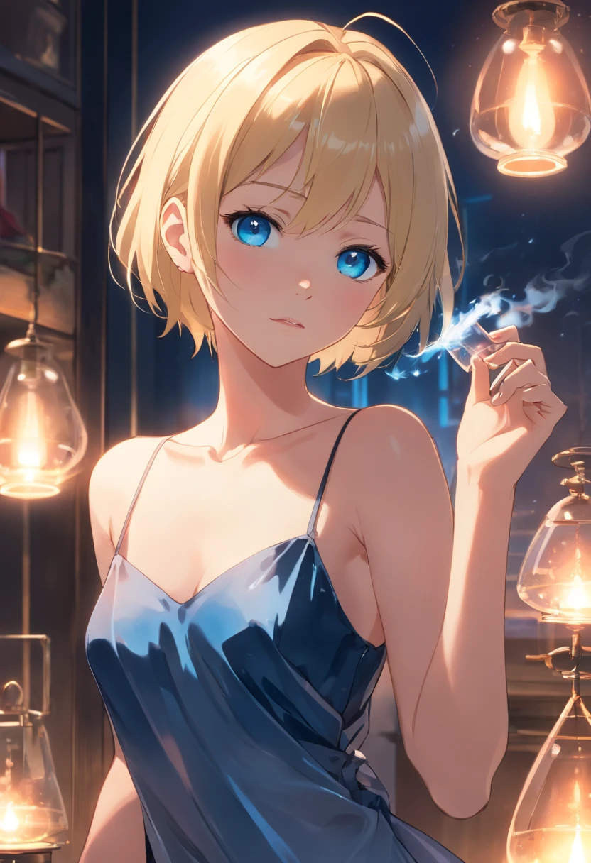 17 years old Women, ((Blonde)), ((Blue eyes)), ((Short hair)), ((Full Body)), in a smoky room, posing sexy in transparent black negligee, with a glass in her hand
