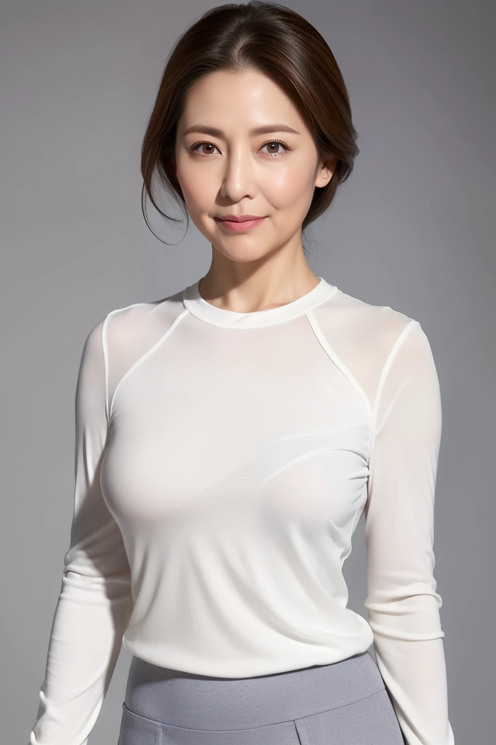 High resolution、high resolution、High Detail、masterpiece、Irritated skin、Anatomically correct、sharp、Gray background((Japanese Mature、90 years old))、Single、((Facial wrinkles))、Shapely big breasts、Straight light shoulder-length brown hair、Chubby body type(((Stand upright, facing the center of the screen.。)))、A serious face with mouth closed and facing straight ahead.、See-through white tight dress、sweater、skirt、((Cowboy Shot))、