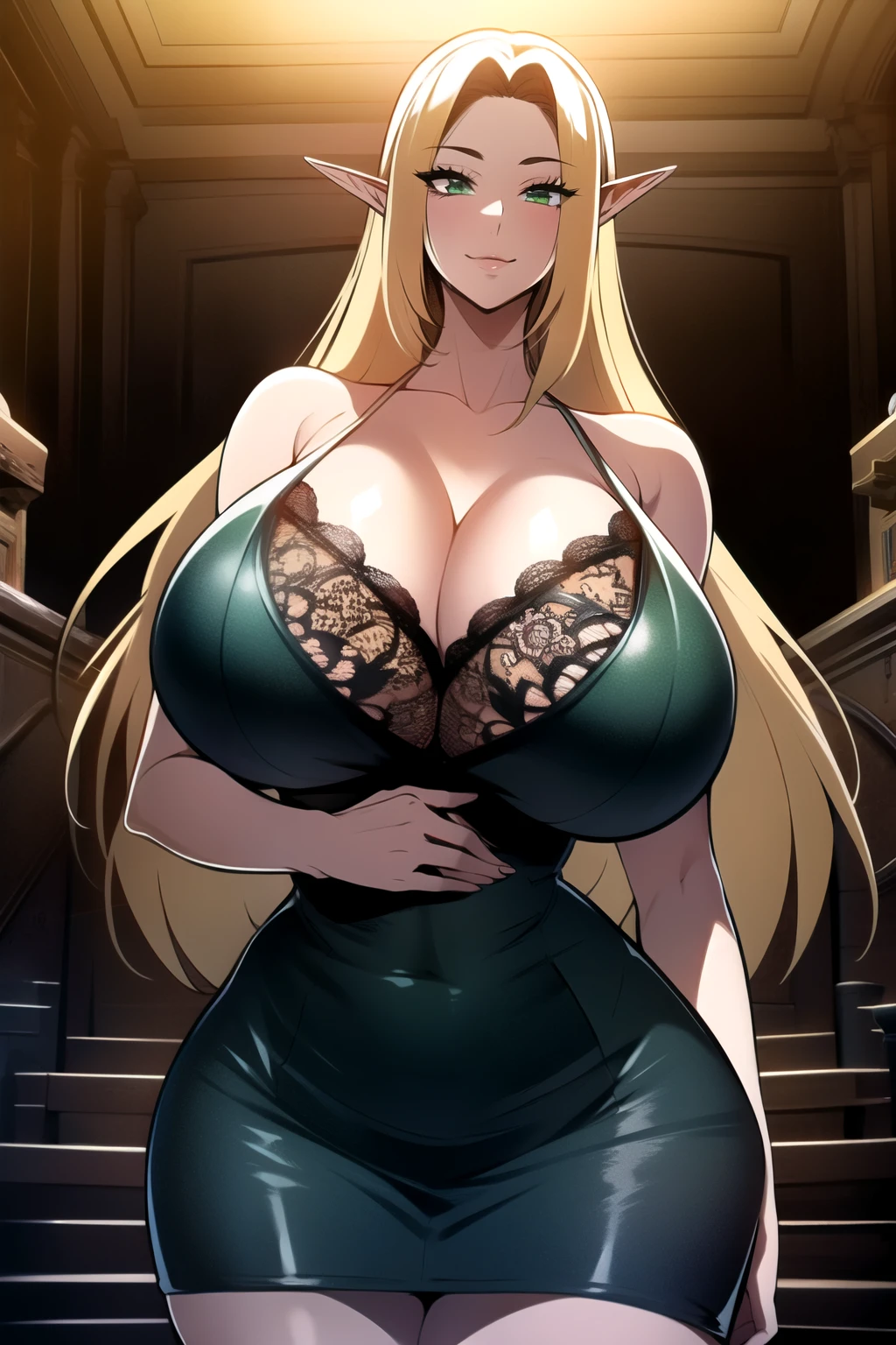 ultra realistic 8k cg, masterpiece, ((ultra detailed background,  intricate detail, highly detailed, fine details best quality, hyperdetailed face)), gigantic breasts ,beautiful lighting, absurdres, BoaHancockV2,  1girl, solo, blonde hair, long hair, jewelry, closed mouth, ), cleavage, minidress, bare shoulders, curvy, midriff, curvy, thighs, shiny clothes), green eyes, complex detailed background, indoor, palace), ((cowboy shot)), curvy, (gigantic breasts: 1.4), seductive smile, cowboy shot, long elf ears