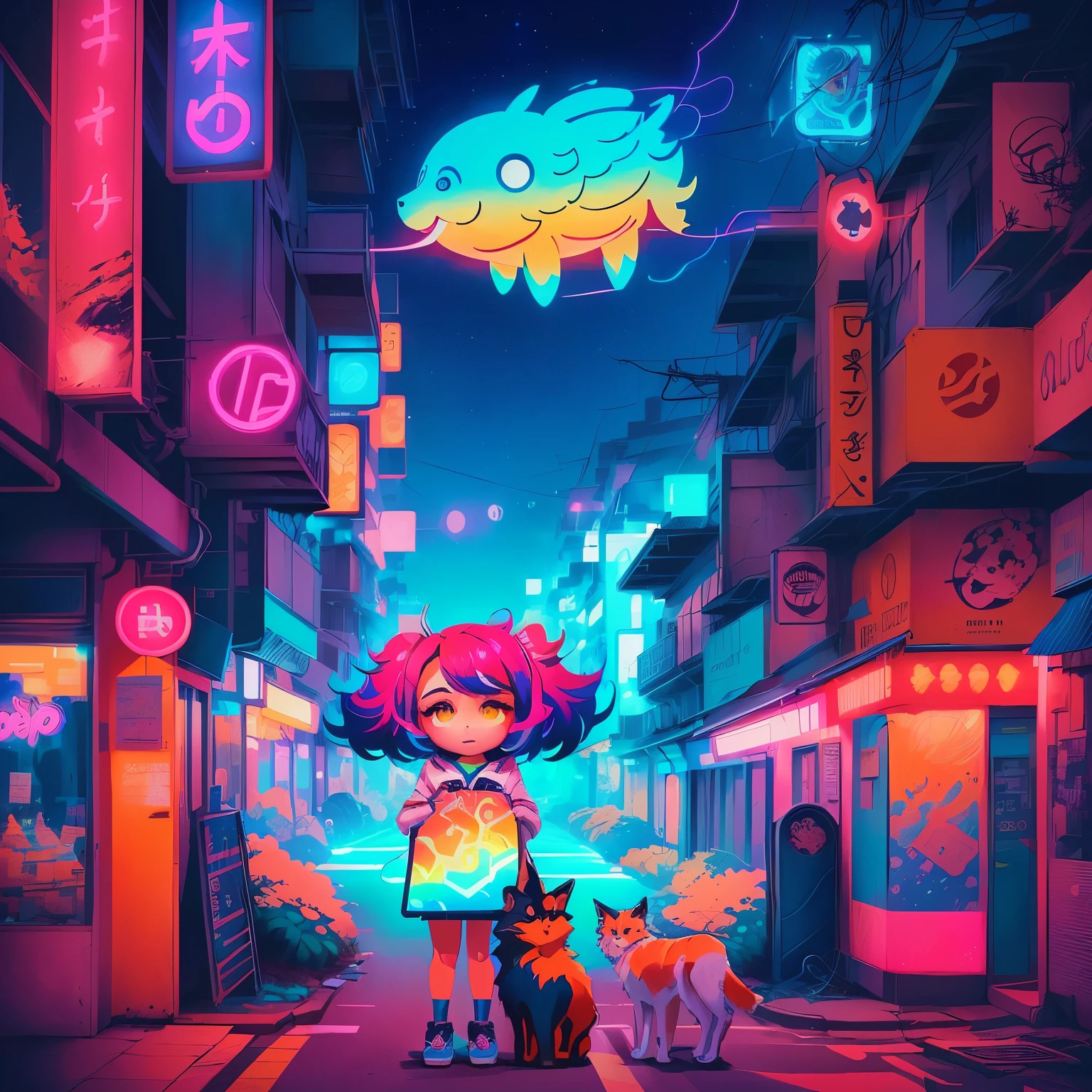 uma garota de desenho animado parada em uma cidade com um cachorro, inspirado em Liam Wong, Beeple e Jeremiah Ketner, neon city, no estilo dan mumford obra de arte, in the artistic style of Dan Mumford, papel de parede de arte de anime 4k, papel de parede de arte de anime 8k, papel de parede de arte de anime 4k, no estilo de Cyril Rolando, kilian eng cores vibrantes