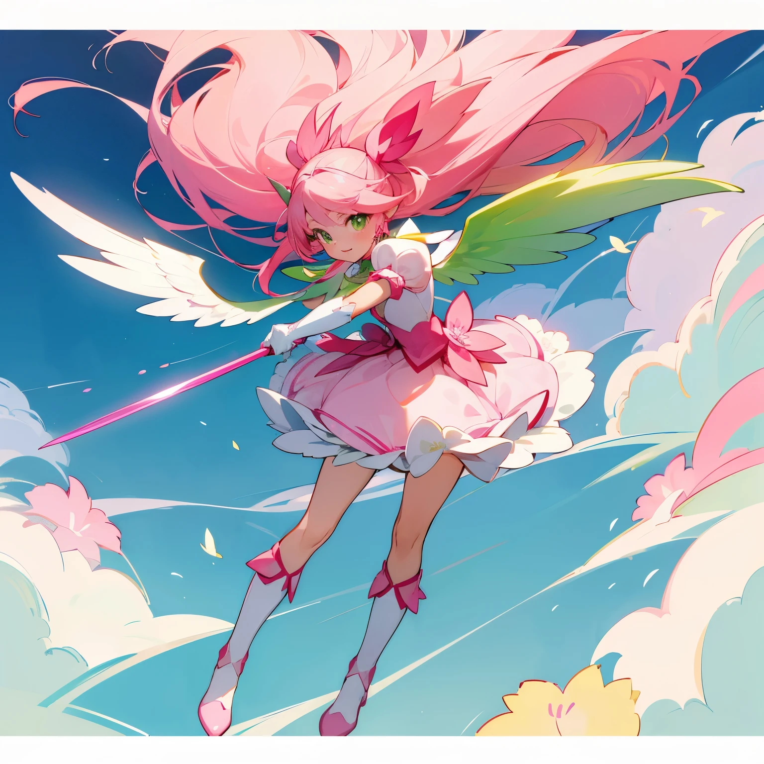 1 girl, , Pretty Cure, anime, beautiful girl, Slender body, Colorful green eyes, Big, bright eyes, Pink Hair, Long Hair, Pink Flowerの髪飾り, Pink outfit, one piece, Puff sleeves, Yellow-green accent color, Green Gem, Pink Gemstones, ribbon, Voluminous skirt, Easy to move around, White Cape, Pink Flower, White angel wings, White gloves, White long boots, grown, kind, smile, Fight, nice, Pink Flowerがついたピンク色の長い聖剣を持つ, knight, Swordsman, strong, Ally, Appearing with the Holy Light, Flowers are blooming, Leaves flutter, Flowers fluttering, noon, Front light, Looking at the camera, No text, Heidetiel, highest quality, Best image quality
