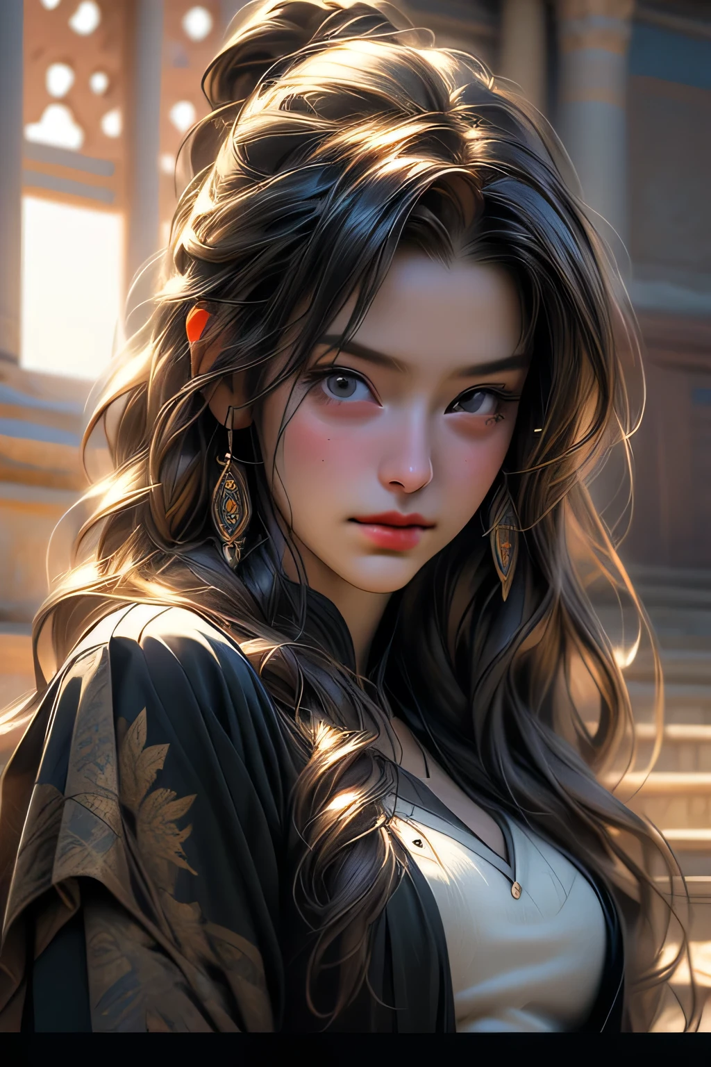 (RAW Photos, 最high quality), (Realistic, photo-Realistic:1.3),最high quality,Very detailed,masterpiece,Very detailed,figure,One girl,upper_body,Dynamic Angle,world masterpiece theater,Messy_length_hair,最high quality,Very detailed CG Unity 8k wallpaper,ink,wonderful,Cinema Lighting,lens_Flare, Dunhuang_style, masterpiece, 最high quality, high quality, High resolution,((Face close-up))