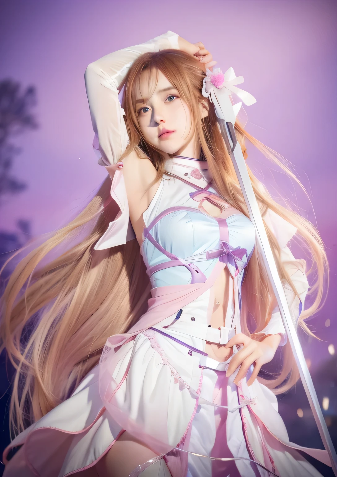 with long hair in takes,Anime girl in white dress, asuna yuuki, asuna from sao, photo of asuna from sao, Anime goddess, holograph, Anime girl with long hair, ilya kuvshinov with long hair, (Anime girl), sao style anime, sword art online, female anime character, Beautiful anime girl,Ultra-high pixel,Ultra-high resolution,8K quality