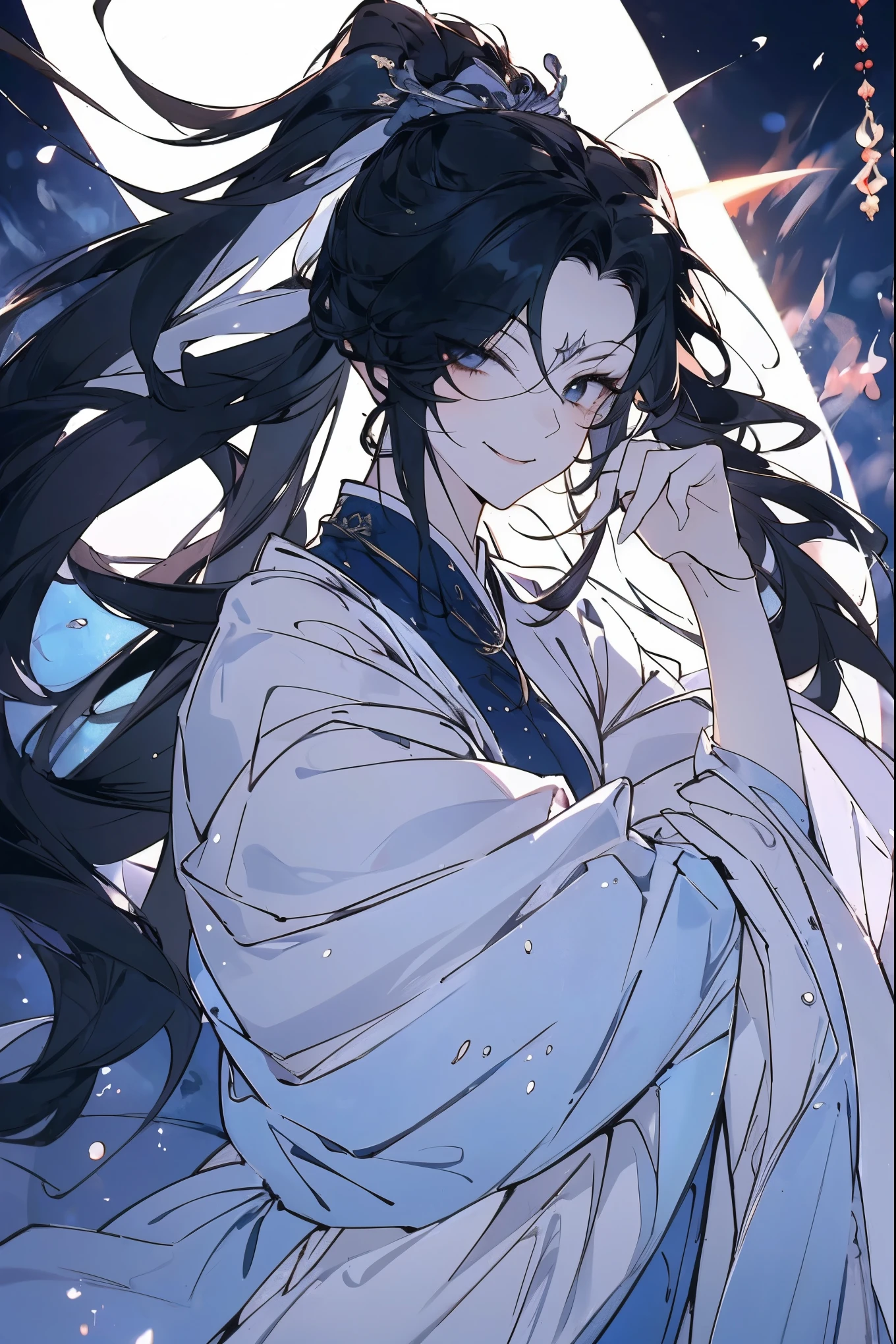 (masterpiece),(Highest quality),(Best details),(High Definition),(Beautiful works),(Full body picture),Chinese fantasy style,1girl,Black long hair,Black eyes,((White clothes)),(((Villain image))),(((Eyes sparkling in the moonlight))),(((Sinister smile)))
