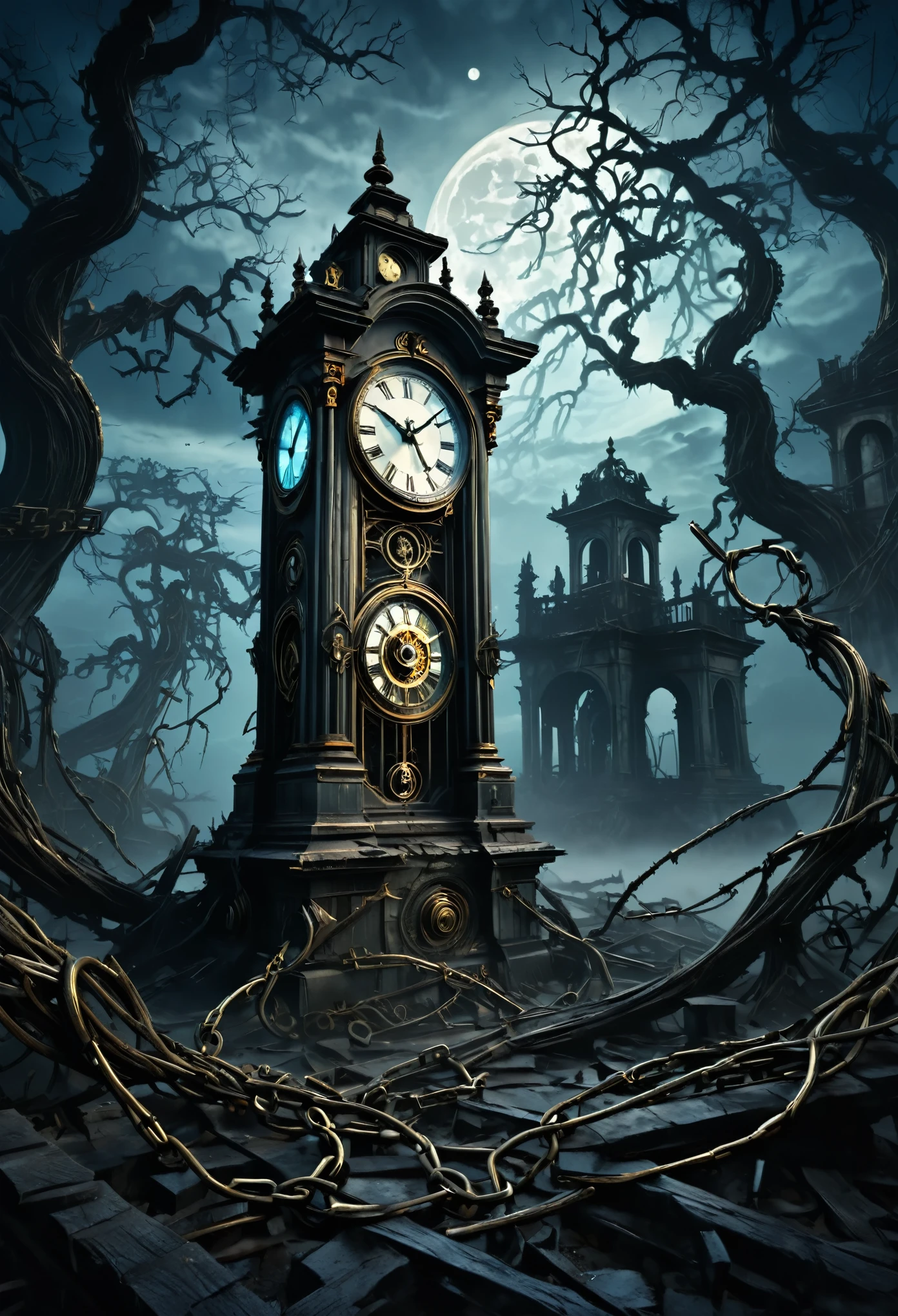 (highres,realistic:1.2),dark,ominous landscape,lage eerie clock, clock's hands carved with intricate details, intricate clockwork mechanism, gloomy atmosphere, dense fog, eerie moonlight, twisted dead trees, abandoned ruins, broken chains, mysterious mist, shadows lurking in the background