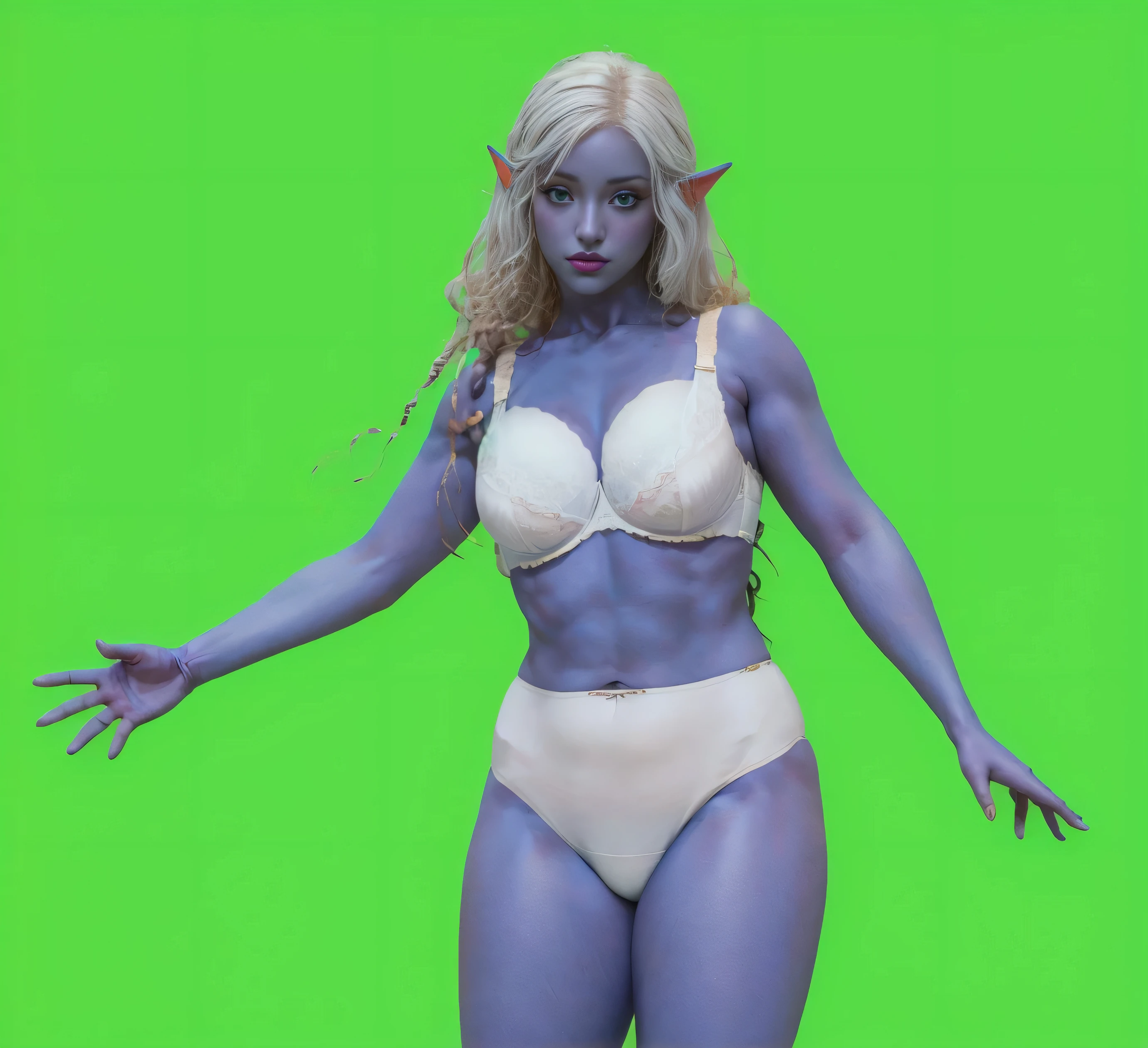 ((masterpiece, best quality)), ((((perfect anatomy)))), ((35 year old)), (((Curvy))), ((Dark Elven woman with long white hair)), in ((white cotton panties)), ((white bra)), purple lipstick, heavy eyeliner standing in front of a green screen, (((photo realistic)))