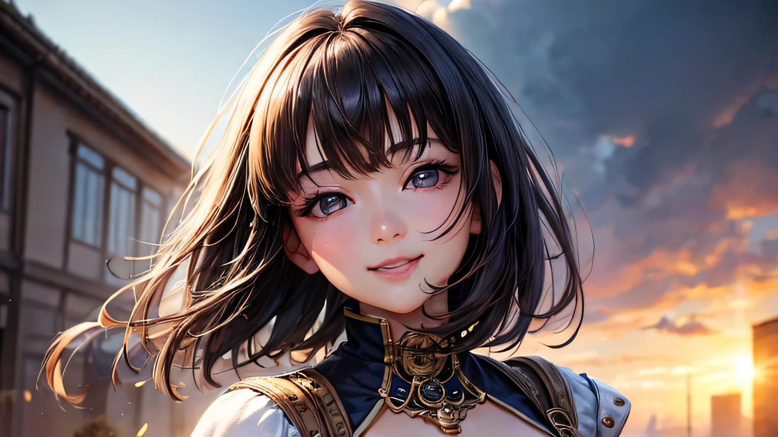 highest quality、masterpiece、Ultra-high resolution、(Realistic:1.4)、1 girl、Age 25、The ultimate beauty、so beautiful, Shiny, Light、short hair、Bangs that cover the eyes、片Bangs that cover the eyes、Very large bright eyes、Eye highLights、charm、Look at the sky、very white and bright skin、Small Face Beauty、Round face、A big smile、look up、Cheek gloss highLight、steampunk outfit、Steampunk background、Gear elements、Big Breasts