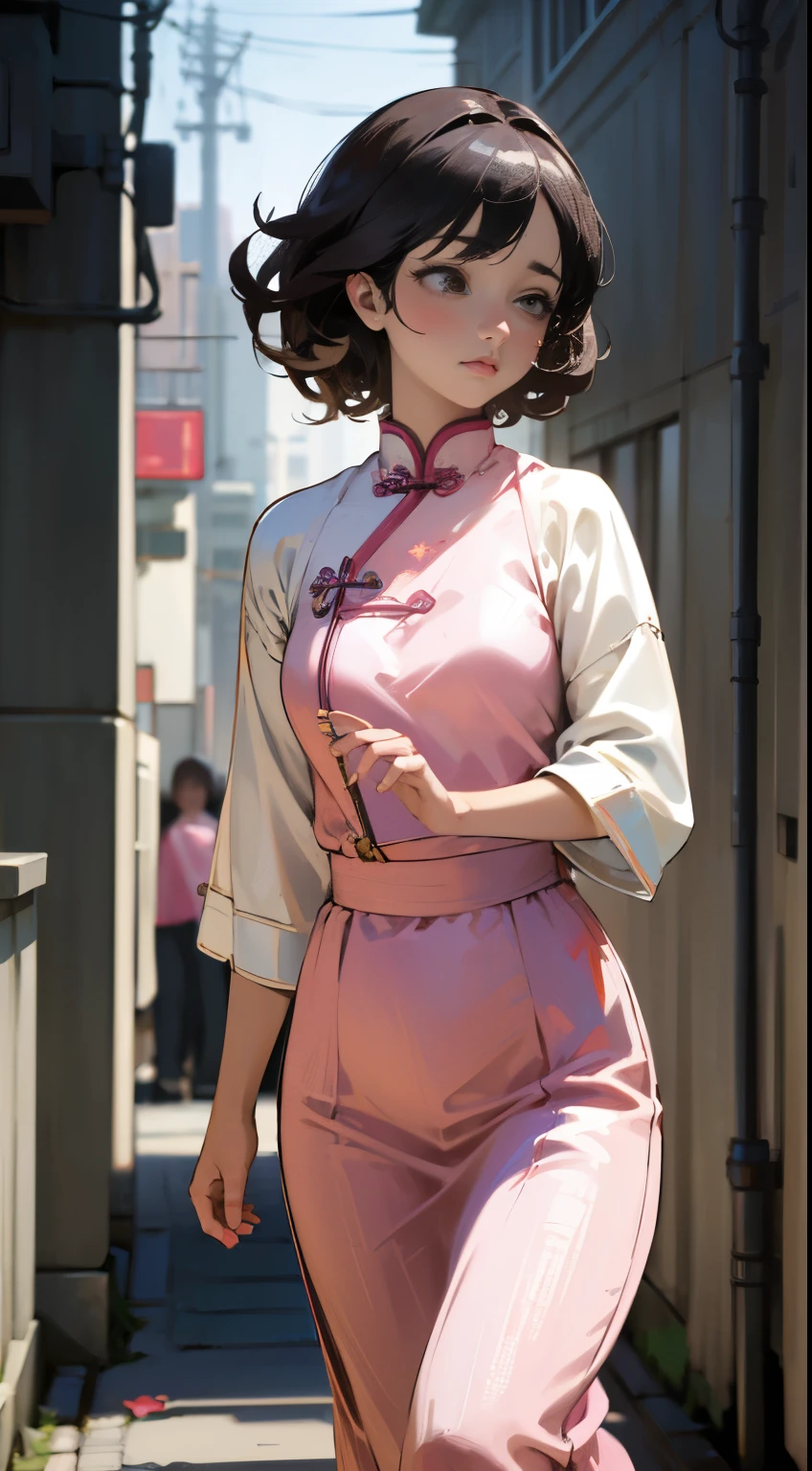 (best quality,8k,highres,masterpiece:1.2),(photorealistic:1.3),ultra-detailed,illustration,1girl,amazing,detailed face, cinematic lighting,soft natural light, beautiful adorable girl,short curly hair,pink and white qipao,on a street, cityscape, facing the audience, walking, standing up