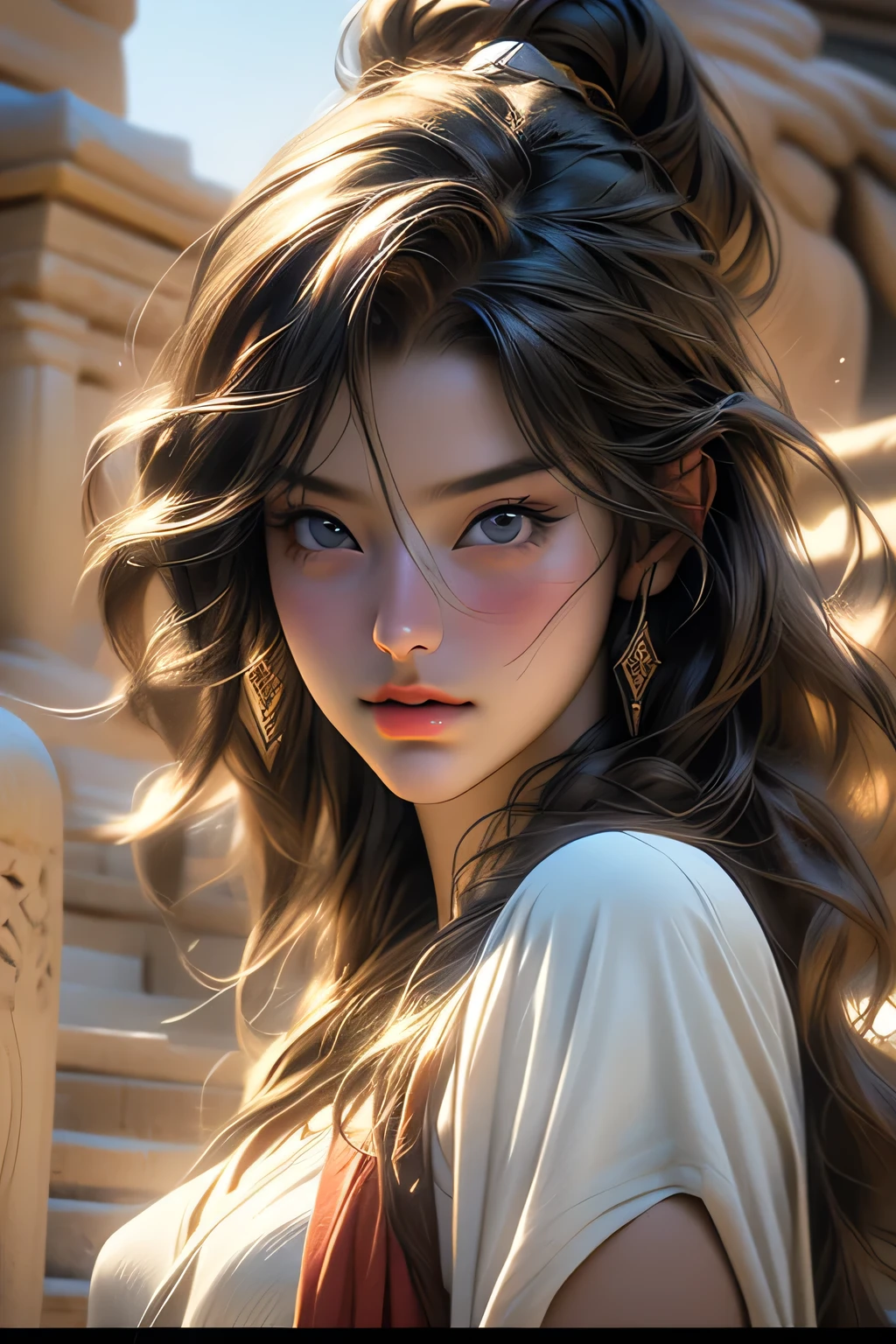 (RAW Photos, 最high quality), (Realistic, photo-Realistic:1.3),最high quality,Very detailed,masterpiece,Very detailed,figure,One girl,upper_body,Dynamic Angle,world masterpiece theater,Messy_length_hair,最high quality,Very detailed CG Unity 8k wallpaper,ink,wonderful,Cinema Lighting,lens_Flare, Dunhuang_style, masterpiece, 最high quality, high quality, High resolution,((Face close-up))