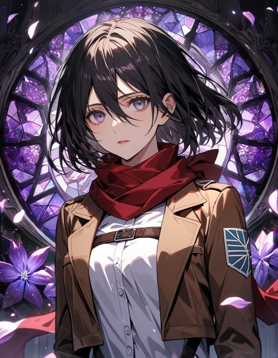 Ultra detailed, HDR, Highres, absurdres, master piece, Mikasa Ackerman, black hair, expressive silver eyes, Shingeki No Kyojin, red scarf, white shirt, brown jacket, patterns, purple stained glass, purple ice, petals, purple ice flowers, woman, solo, extremely detailed face and eyes, extremely beautiful, glittering, purple glass, extremely pretty, perfect face,