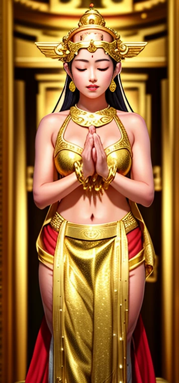 （Maiden Goddess）（Gold swimsuit with gold embellishments）（close your eyes）（Gold swimsuit with gold embellishments）（Cleavage exposure））、（Large Breasts、big 房、big 、big Boobs）（Golden ancient temple）（Golden Altar）（Praying while watching the audience）（Pray with your body facing forward）（Praying Kannon Bodhisattva）