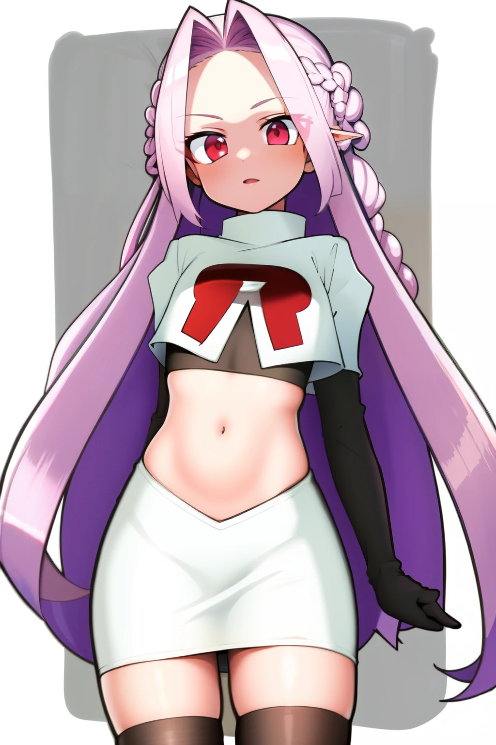 masterpiece, (best quality:1.3), sharp focus, absurdres, ++ 1girl, solo, fantasy, light purple hair, very long hair, curly hair, french braid, single sidelock, forehead, red eyes, pink eyes, multicolored eyes, , flat chest, , dollgirl, doll joints, ++ pov, looking at viewer, team rocket,team rocket uniform,white skirt,red letter R,crop top,black thigh-highs,black elbow gloves