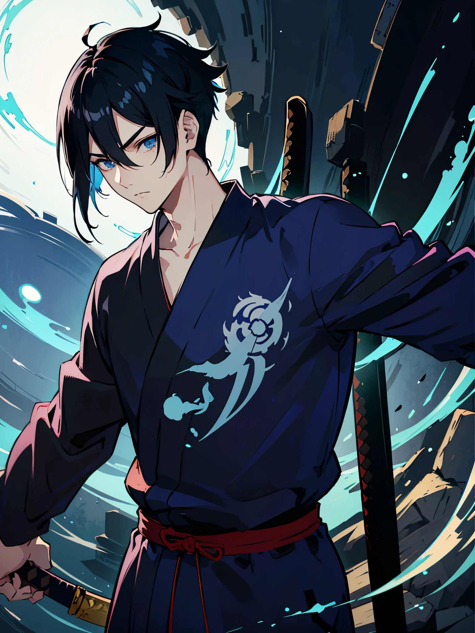 Black hair. Undercut hair. Anime boy. Blue eyes. Yukata. Katana. 2katana.