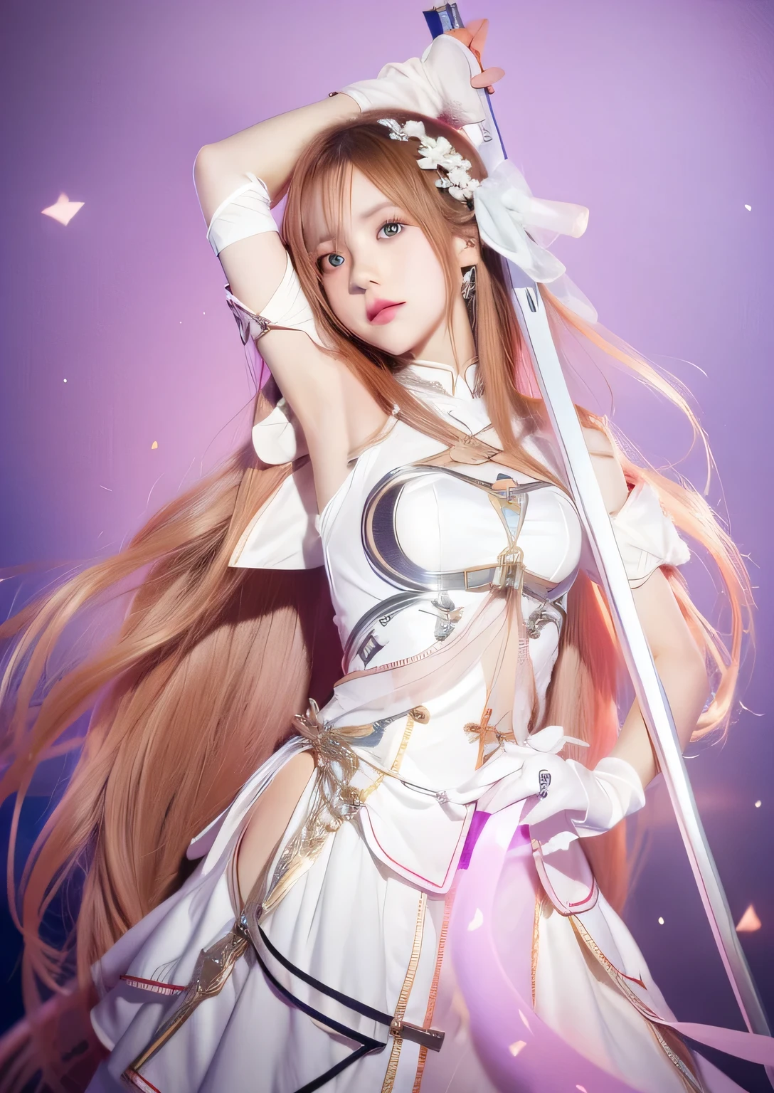 with long hair in takes,Anime girl in white dress, asuna yuuki, asuna from sao, photo of asuna from sao, Anime goddess, holograph, Anime girl with long hair, ilya kuvshinov with long hair, (Anime girl), sao style anime, sword art online, female anime character, Beautiful anime girl,Ultra-high pixel,Ultra-high resolution,8K quality
