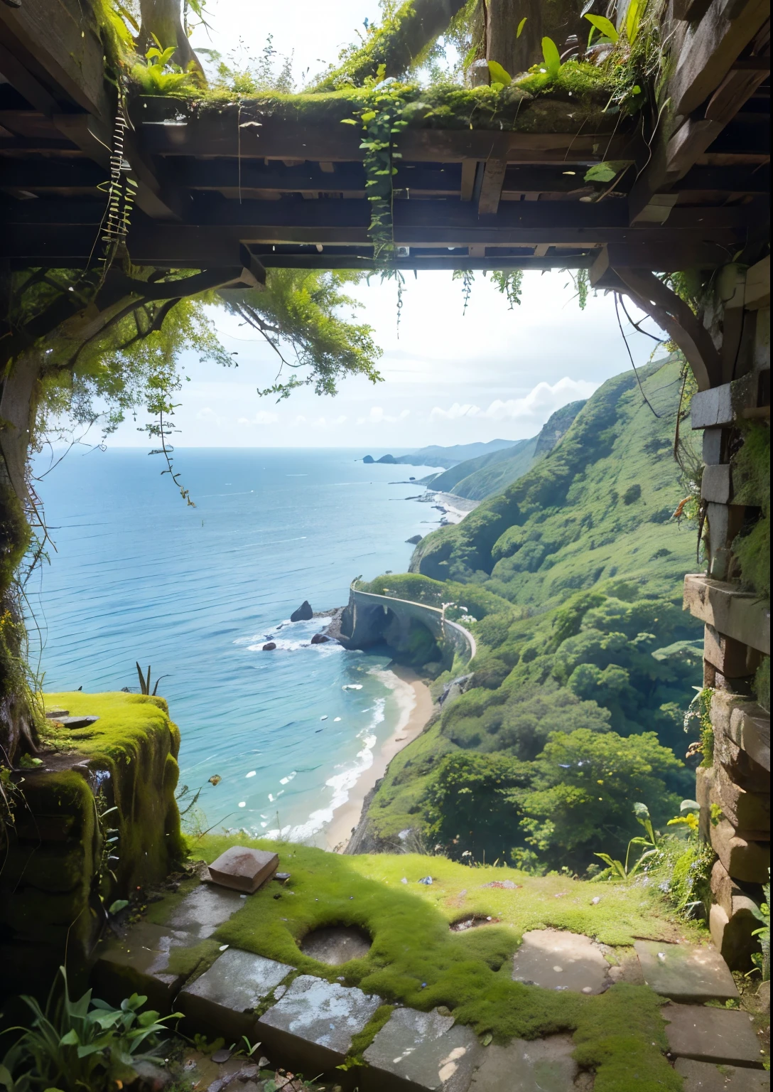 (masterpiece、highest quality:1.2)、8k、You can see the ocean、Ruins on the cliff、It is covered with moss and ivy.