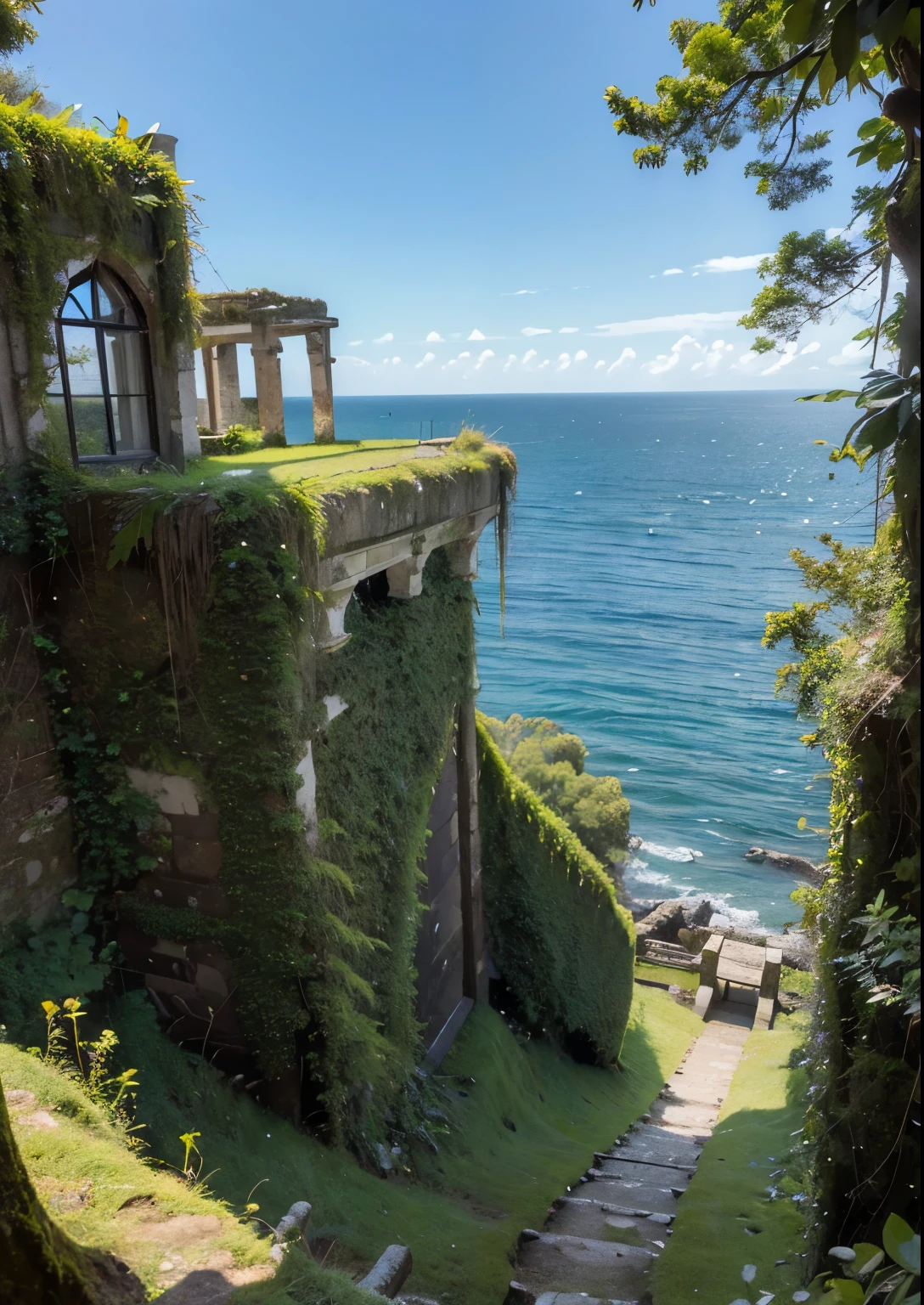 (masterpiece、highest quality:1.2)、8k、You can see the ocean、Ruins on the cliff、It is covered with moss and ivy.