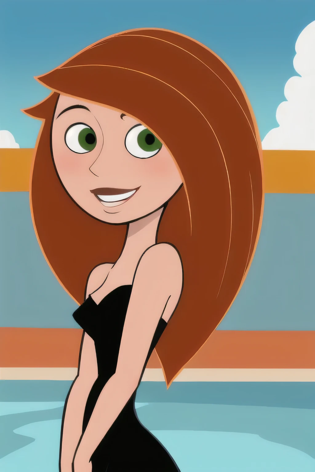 (masterpiece, best quality:1.3), 1girl, looking at viewer, kimberly ann possible, parted lips, upper body, standing, collarbone, bare shoulders, blush, colored skin, orange hair, long hair, absurdly long hair, green eyes, medium breasts, (skindentation:1.2), short strapless black dress, (black dress:1.2), blue sky, clouds, mansion, swimming pool, smile