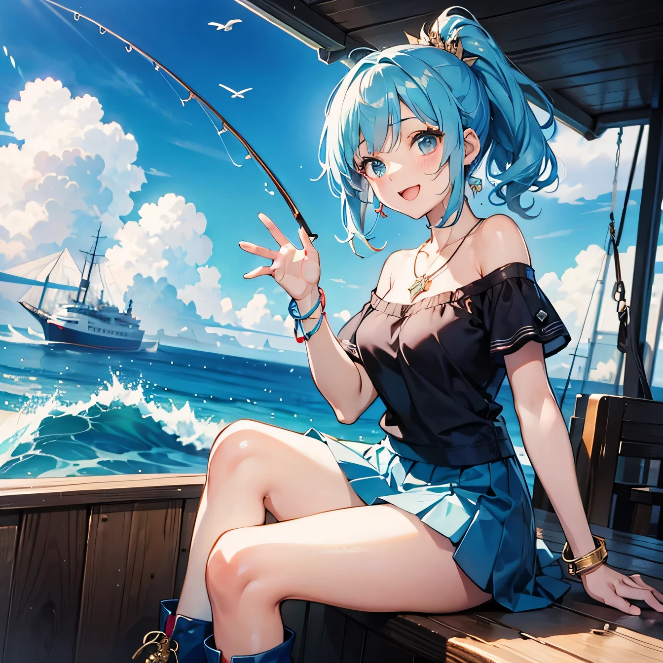 Anime Moe Art Style,highest quality,High resolution,Anatomically correct,One Girl,Mid-teens,A girl with light blue hair in a ponytail,Super detailed,Fantasy-style world,off shoulder tops,mini skirt,short boots,Big Breasts,Active,Uplifting,A rich expression,Bright smile,Laughing with your mouth open,On board,Sitting on the bow of a ship,Fishing,The moment you catch a fish,Wave Splash,Eyes drawn in detail,hair ornaments,necklace,bracelet,8K