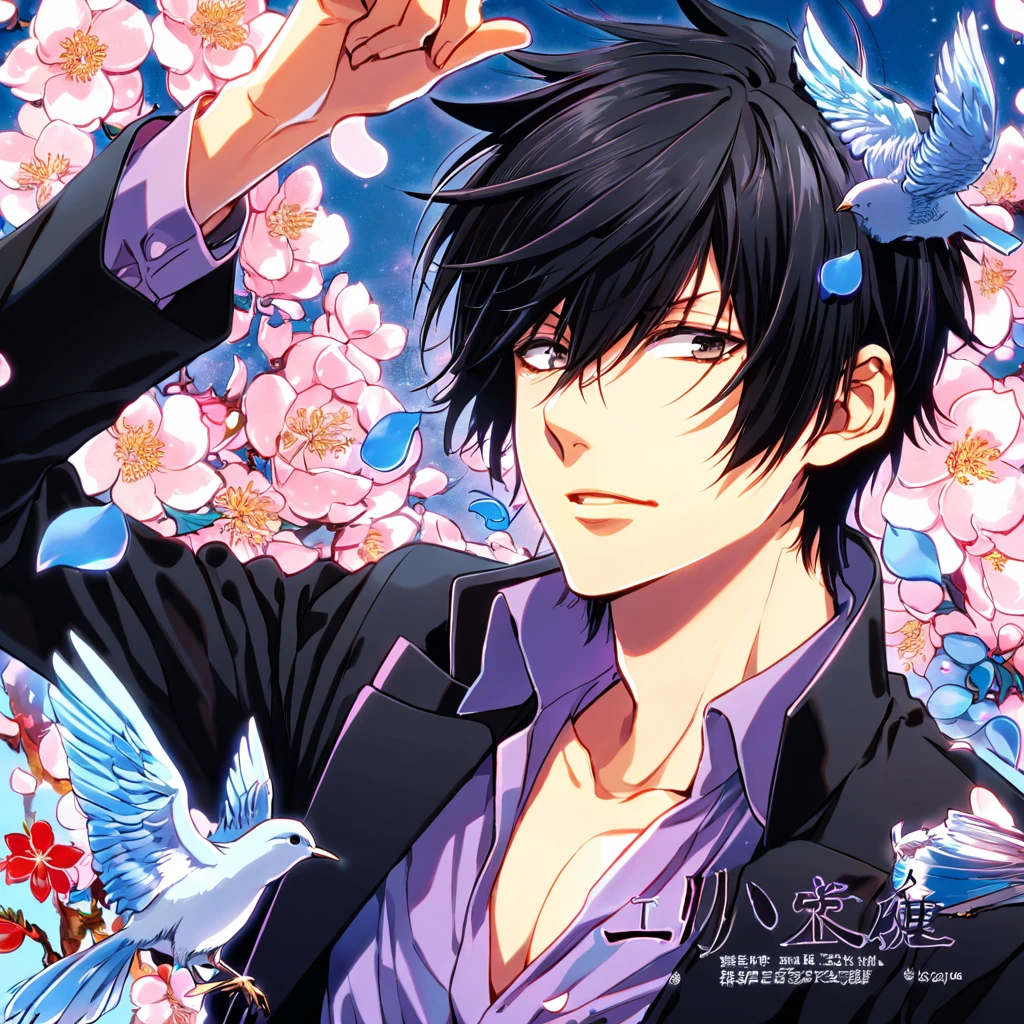 absurdres, highres, ultra detailed, HDR, masterpiece, Hibari Kyoya, black hair, expressive gray eyes, Katekyo Hitman Reborn!, black jacket, purple shirt, designed with decorations such as blue leaves, blossoms and birds, solo, sexy man, handsome, petals