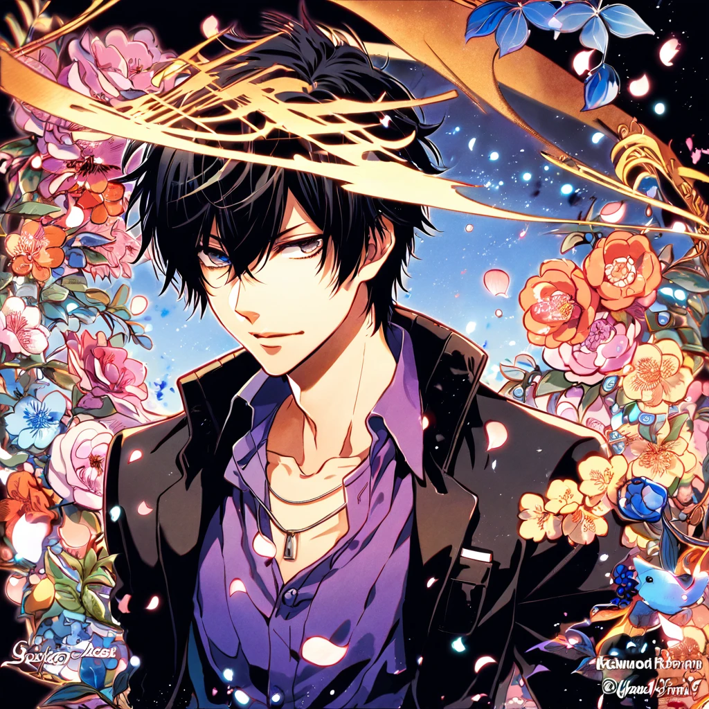 absurdres, highres, ultra detailed, HDR, masterpiece, Hibari Kyoya, black hair, expressive gray eyes, Katekyo Hitman Reborn!, black jacket, purple shirt, designed with decorations such as blue leaves, blossoms and birds, solo, sexy man, handsome, petals