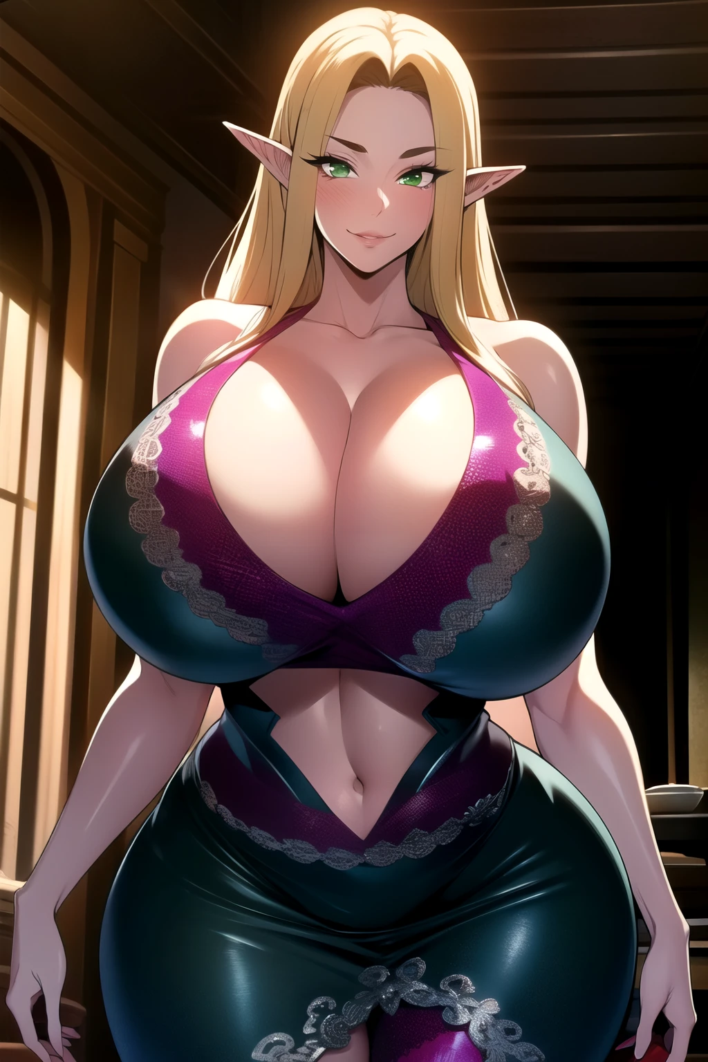 ultra realistic 8k cg, masterpiece, ((ultra detailed background, intricate detail, highly detailed, fine details best quality, hyperdetailed face)), gigantic ,beautiful lighting, absurdres, BoaHancockV2, 1girl, solo, blonde hair, long hair, jewelry, closed mouth, ), cleavagress, bare shoulders, curvy, midriff, curvy, thighs, shiny clothes), green eyes, complex detailed background, indoor, palace), ((cowboy shot)), curvy, (gigantic breasts: 1.4), ve smile, cowboy shot, long elf ears