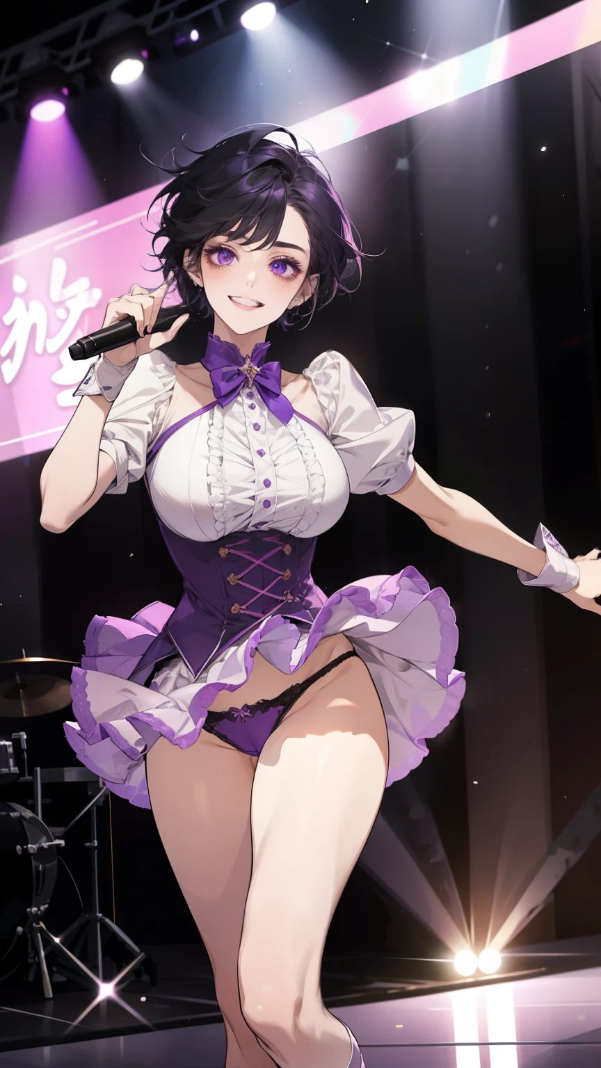 highest quality、Female 1,22 years old,All limbs、Full Finger、Perfect limbs、Slender beauty、short hair、Black Hair、Purple Eyes,Pink Cheeks,White and purple idol costume、Dark purple panties、Knee-high socks、Beautiful big breasts、Exposed thighs,Live Stage、sing、Dancing、(Provocative smile),The white spotlight shines on her.