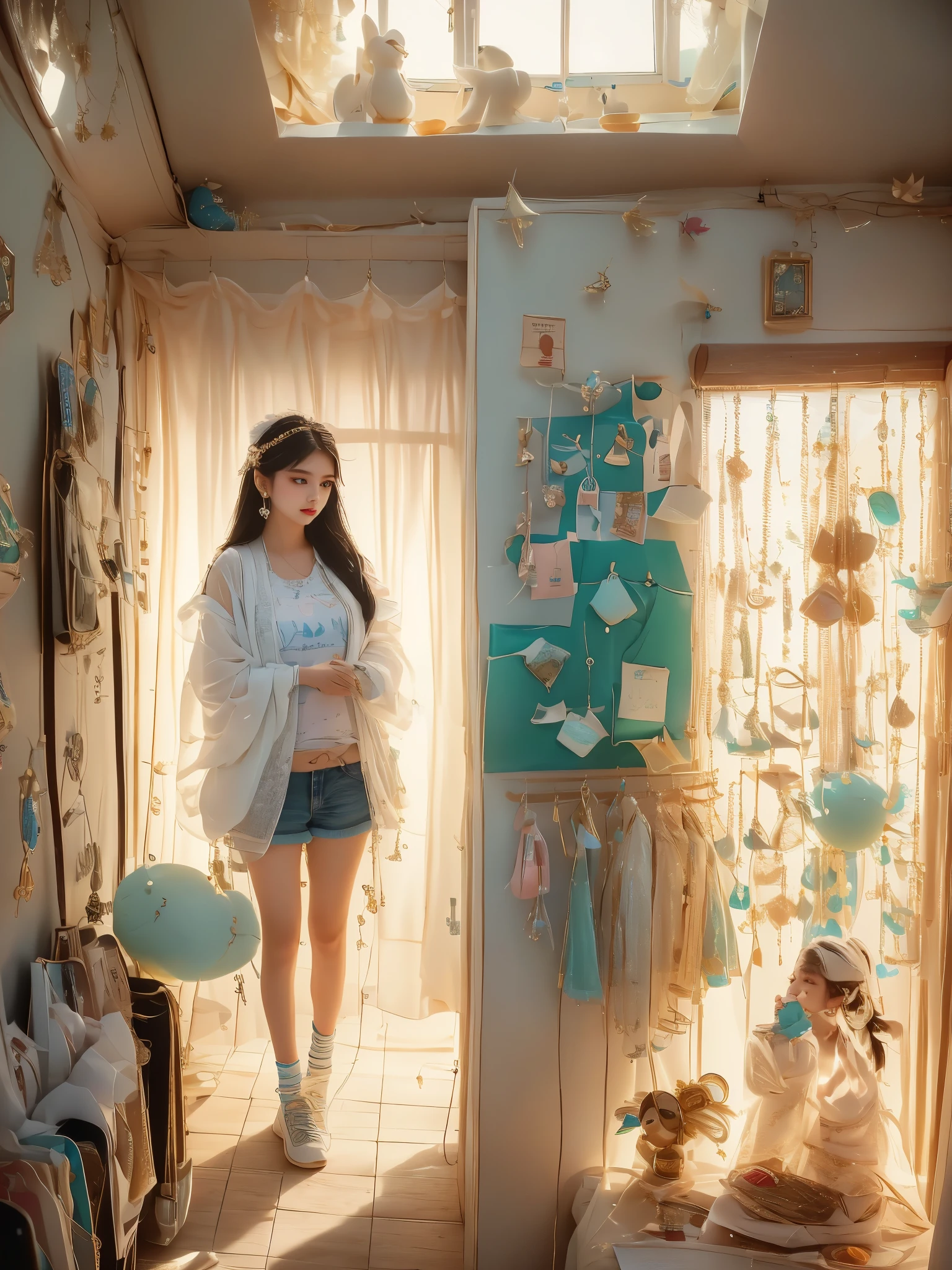 A  girl of Middle-Eastern descent in casual attire, specifically a pair of short socks, is standing in her room surrounded by posters of her favorite bands and a sprinkling of stuffed animals. The light is coming from a window on one side, casting a soft, warm glow across the room. The girl is seen tying one of the socks. She seems engrossed in her task, unintentionally revealing a rather thoughtful, determined expression that stands in contrast to the playful, light-hearted environment she is in.