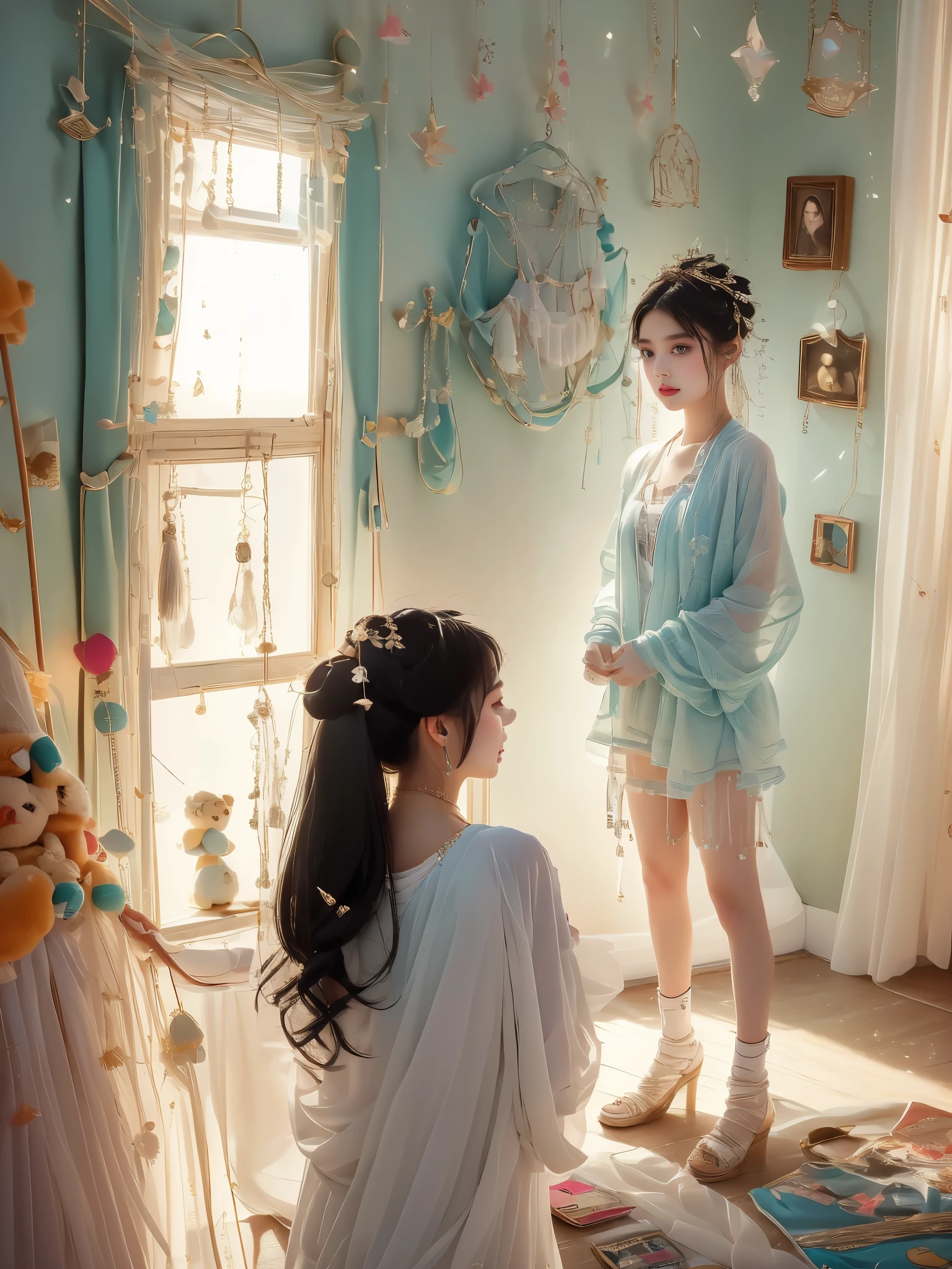 A teenage girl of Middle-Eastern descent in casual attire, specifically a pair of short socks, is standing in her room surrounded by posters of her favorite bands and a sprinkling of stuffed animals. The light is coming from a window on one side, casting a soft, warm glow across the room. The girl is seen tying one of the socks. She seems engrossed in her task, unintentionally revealing a rather thoughtful, determined expression that stands in contrast to the playful, light-hearted environment she is in.