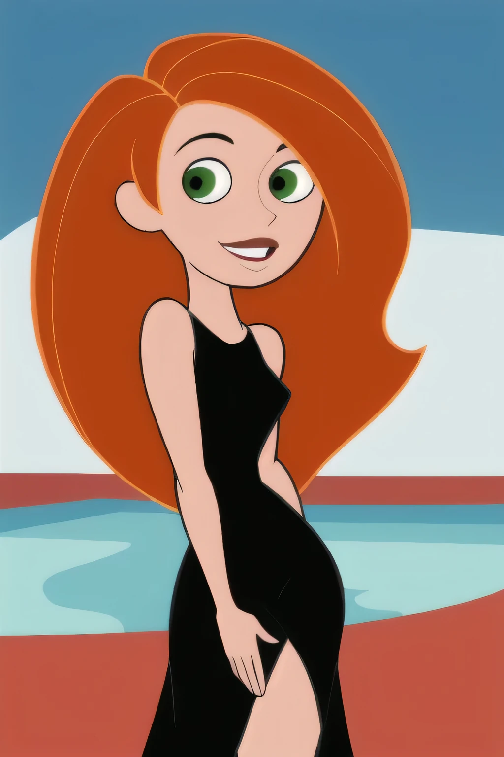 (masterpiece, best quality:1.3), 1girl, looking at viewer, kimberly ann possible, red lips, parted lips, upper body, standing, collarbone, bare shoulders, blush, colored skin, orange hair, long hair, absurdly long hair, green eyes, medium breasts, (skindentation:1.2), short black dress, (black dress:1.2), loose clothes, sleeveless, blue sky, clouds, mansion, swimming pool, smile