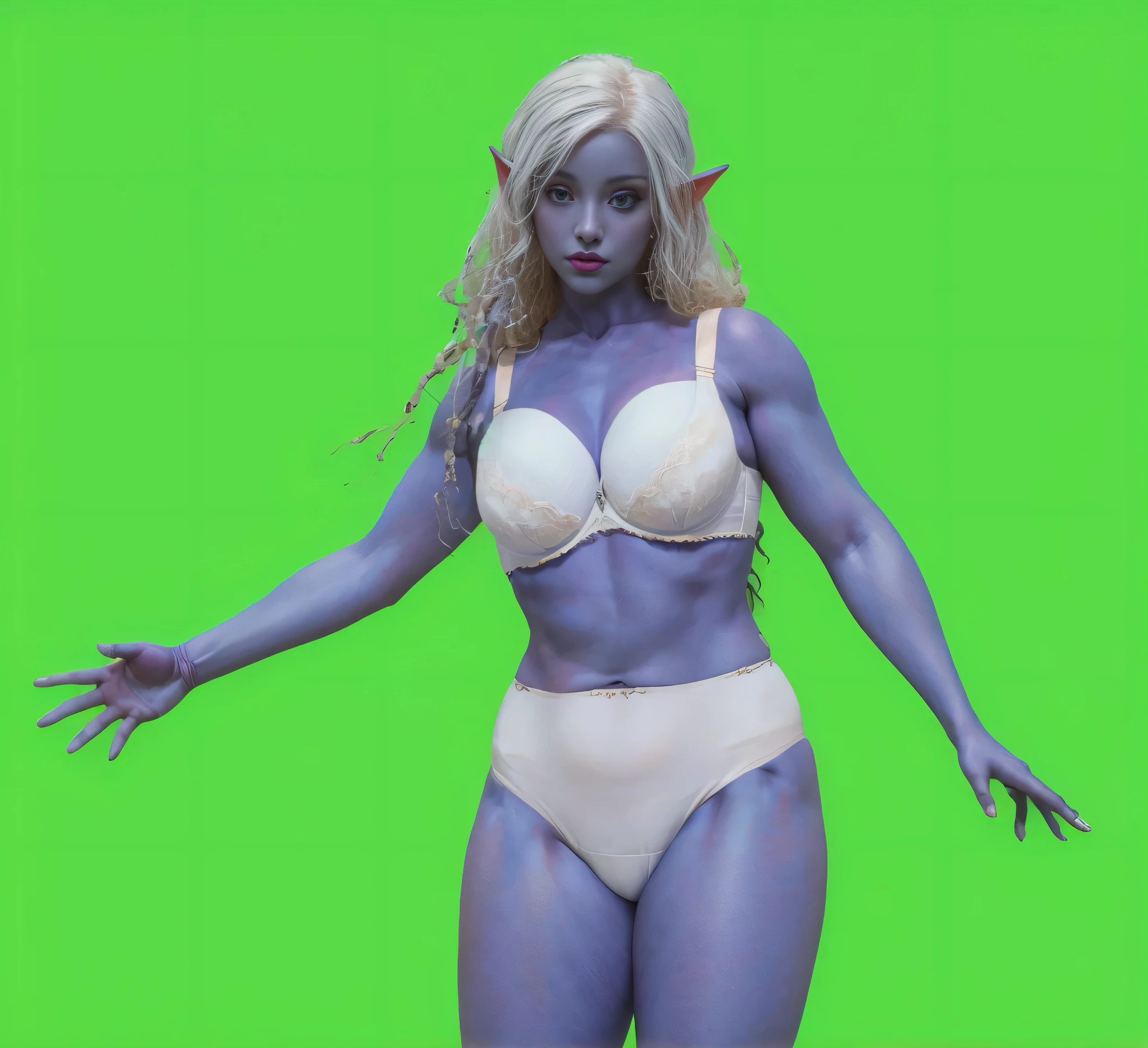 ((masterpiece, best quality)), ((((perfect anatomy)))), ((35 year old)), (((Curvy))), ((Dark Elven woman with long white hair)), in ((white cotton panties)), ((white bra)), purple lipstick, heavy eyeliner standing in front of a green screen, (((photo realistic)))