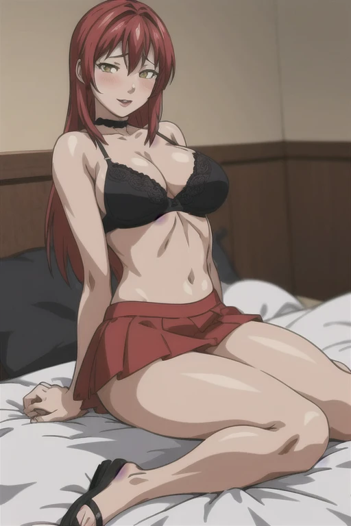 masterpiece, best quality, highres, 1 girls, hirokotakashiro,  micro ruffle skirt, black off shoulder crop top , bedroom, full body shot, (smug:0.3), looking at viewer, focus solo, sexy pose, crossing legs, mature, flip flops, detailed feet, busty, cleavage, redhead, seductive, dangling shoes, red eyeshadow, glossy lips, black choker, long hair, sitting on bed, complete body, seducing, yellow eyes,  kneeling, undressing, 