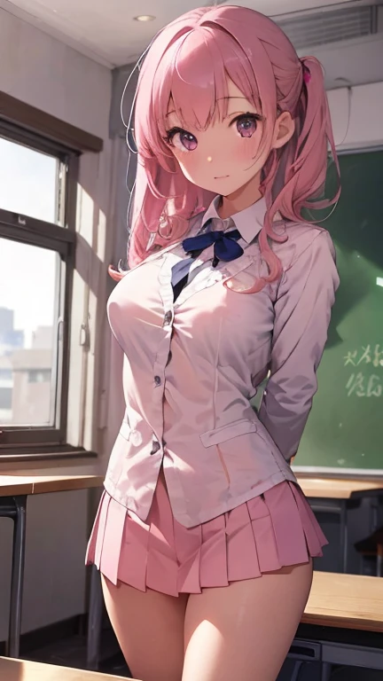 masterpiece、highest quality、Very detailed、Photograph the upper body、1 female、(Put your arms behind your back:1.2)、Are standing、Turn your body forward、View your viewers、Pink Hair、classroom、