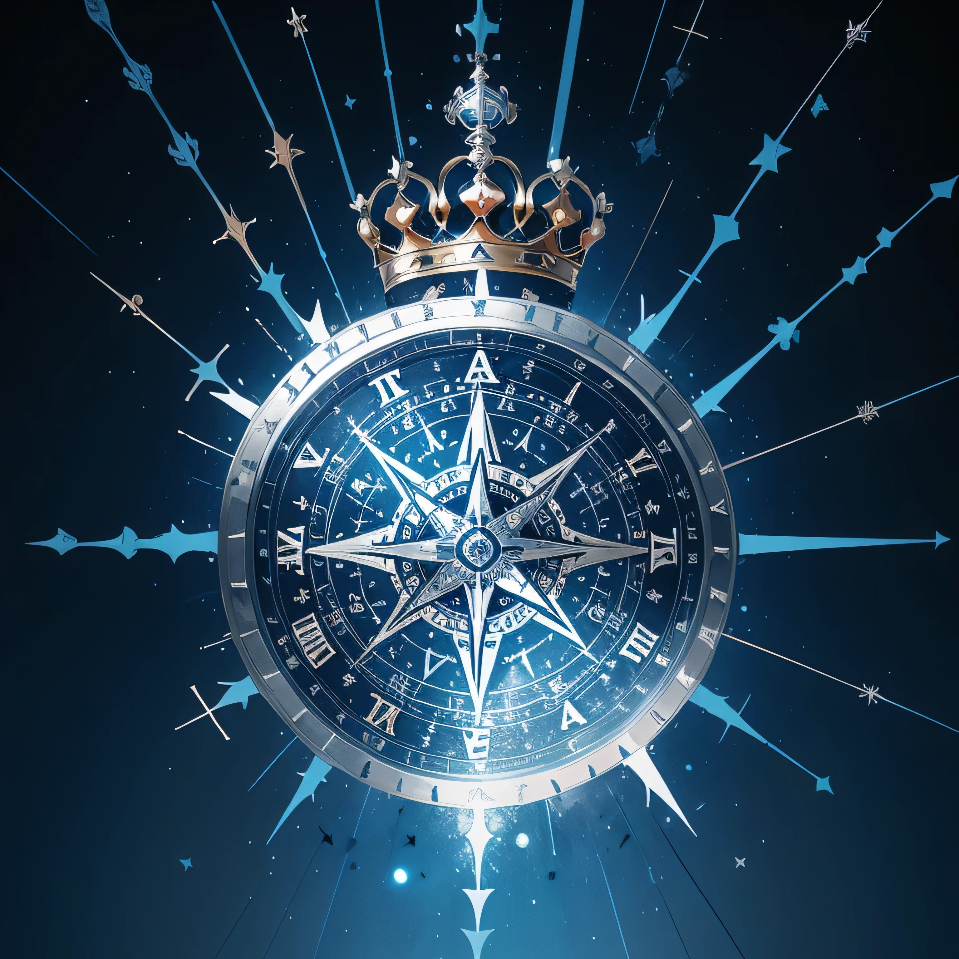 logo Crown, fundo azul marinho. a circle with three rapier around it and a bayonet in the center, blue color, compass, big crown