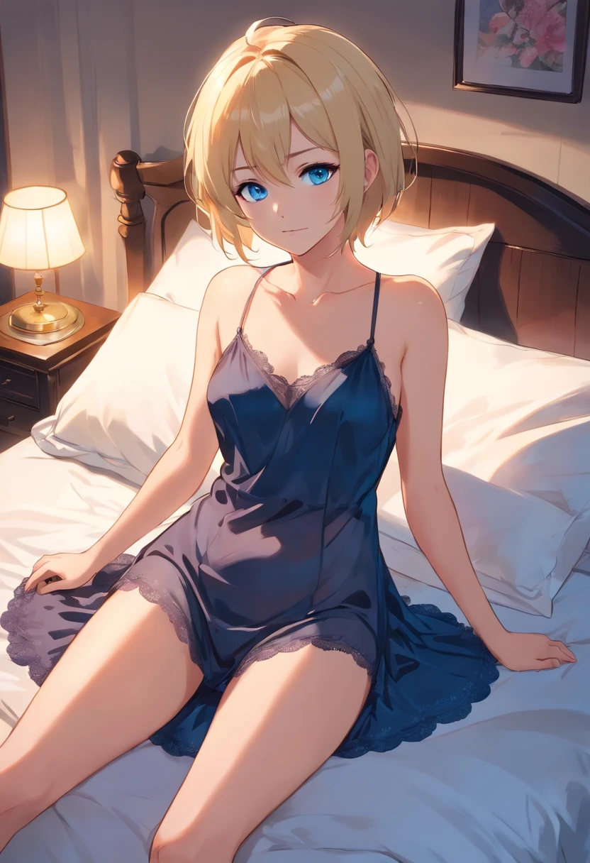 Women, ((Blonde)), ((Blue eyes)), ((Short hair)), ((Full Body)), on bed, posing sexy in transparent two pieces black negligee,