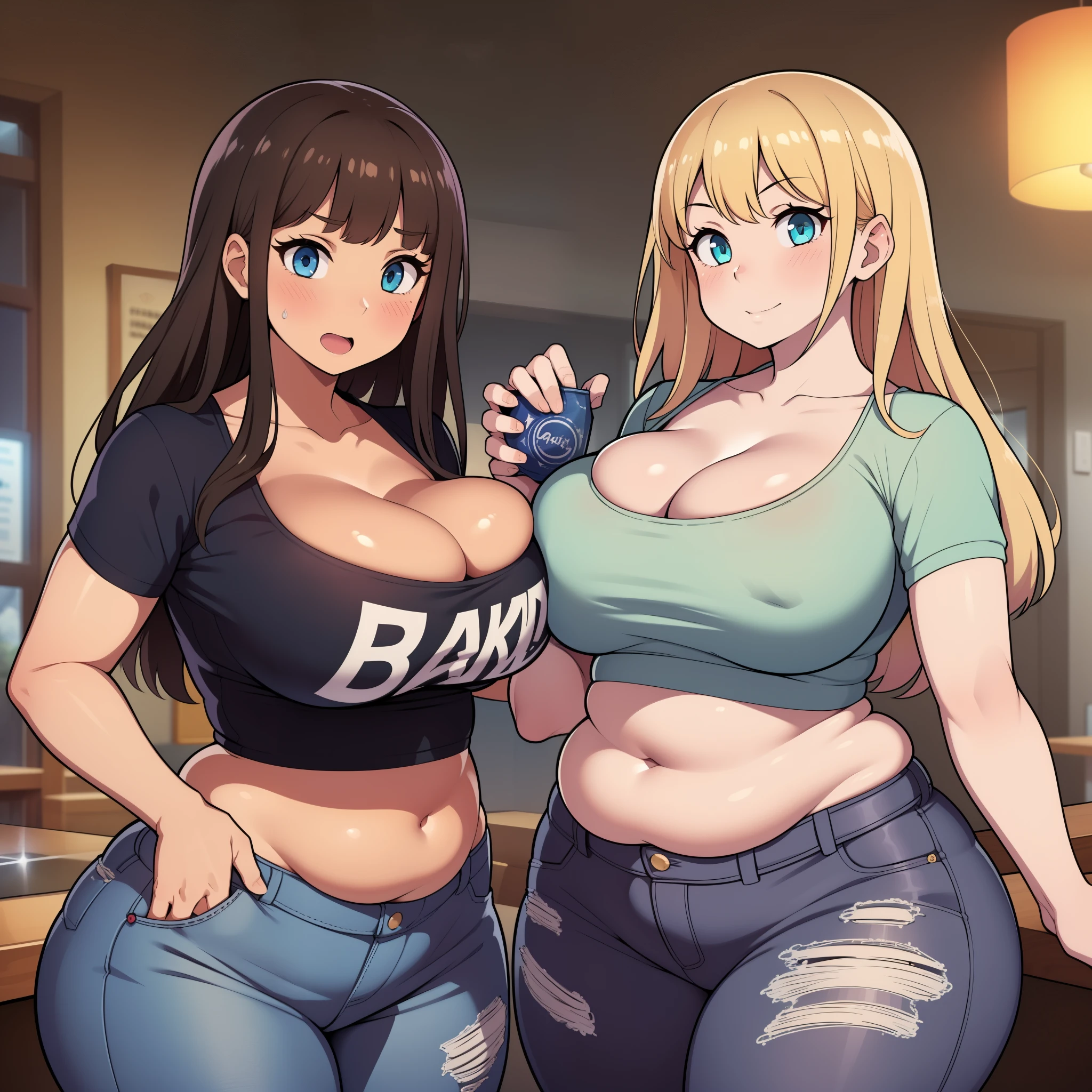 ((highres)), Masterpiece, high quality, best quality, beautiful, perfect lighting, detailed face, ultra cute face, ((blush)), embarrassed, (((2girls))), one girl has blonde hair, blue eyes, crop top and shorts, skindentation, one girl has brown hair, green eyes, jeans, white shirt, tight clothes, full body, fast food restaurant, medium breasts, ((wide hips)), (((thick thighs))), ((plump belly)), cleavage, chubby belly, fat folds, belly hang, standing, touching each other, breast bump,