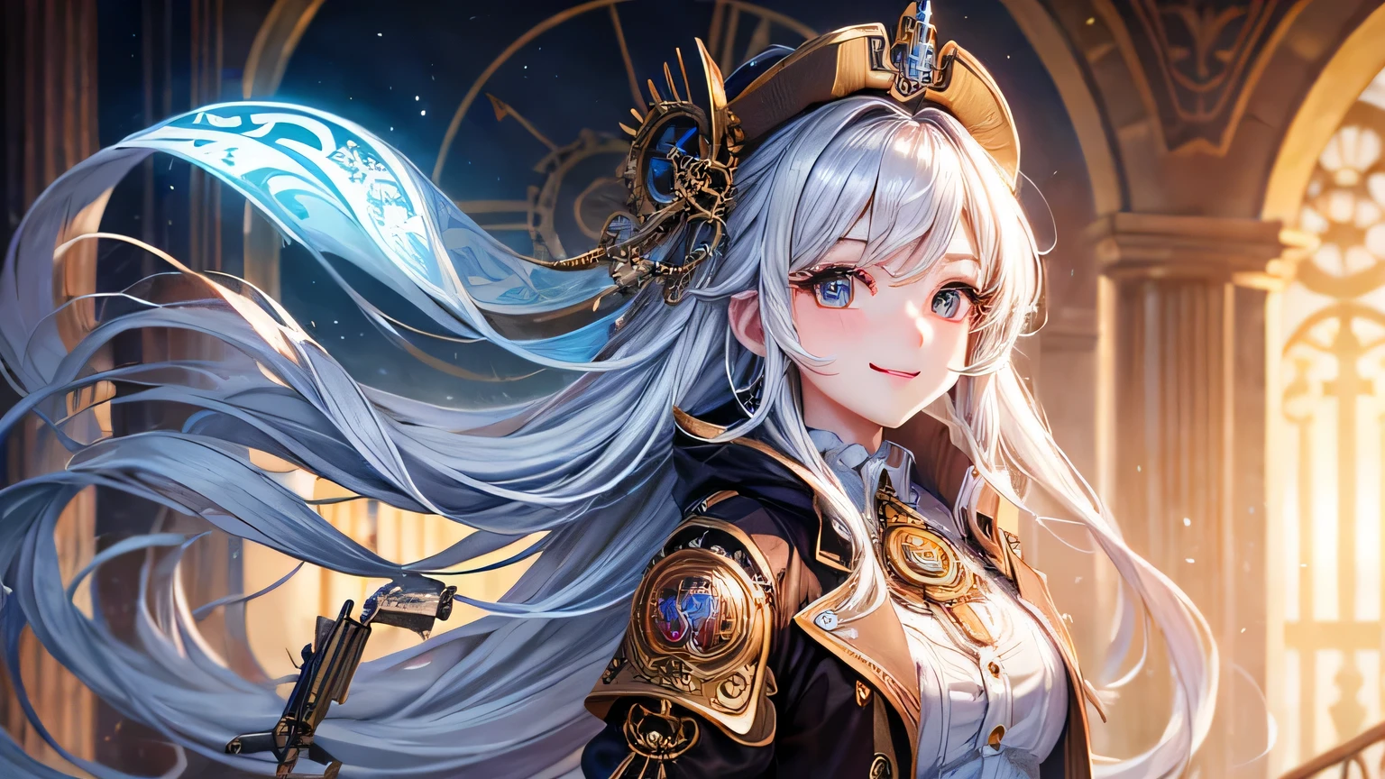 highest quality、Masterpiece、Ultra-high resolution、1 female、Age 25、The ultimate beauty、so beautiful、Shiny、Long Hair、Bright Eyes、white and bright skin、Small Face Beauty、A big smile、steampunk outfit、Steampunk background、Super big 。
