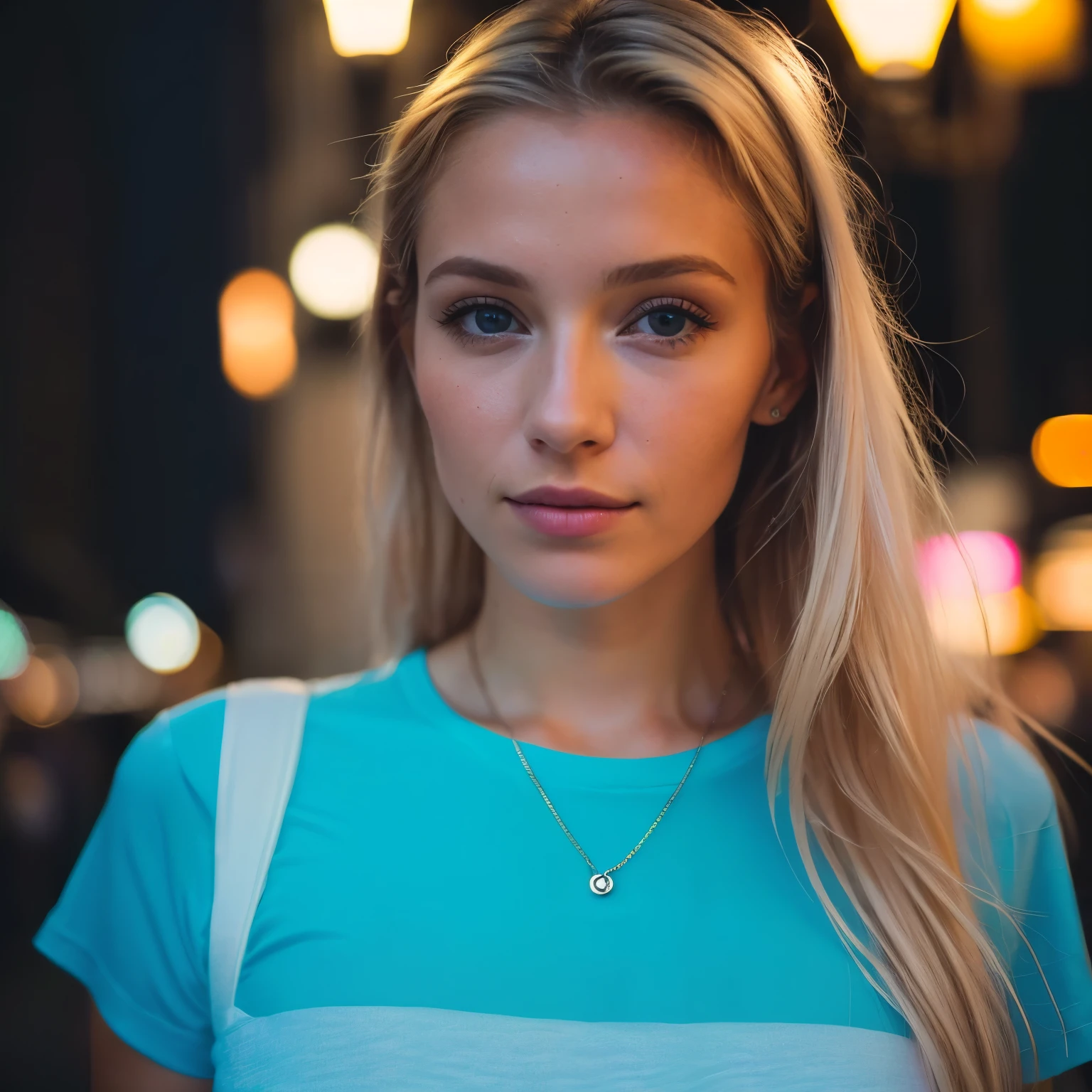 (Selfie, Vue de dessus: 1.4), (Right half of the body: 1.4), Photo portrait RAW UHD d’une blonde de 24 ans (Femme aux yeux bleus clairs) marcher dans une ruelle sombre, gros seins,, city at Nuit, (white round neck t-shirt skirt), (neckline), details (Textures! , cheveux! , Briller, Couleur!! , Disadvantages: 1.1), Des yeux brillants avec beaucoup de détails (regardant la caméra), Reflex lighting, Reflex, Ultra-quality, sharpness, profondeur de champ, grain du film (centre), Fujifilm XT3, Limpide, frame centre, beau visage, mise au point nette, street lamp, neon lighting, Bokeh (dimly lit), Nuit, (Nuit sky), detailed skin pores, peau grasse, coup de soleil, complex eye details, corps entier, gros seins