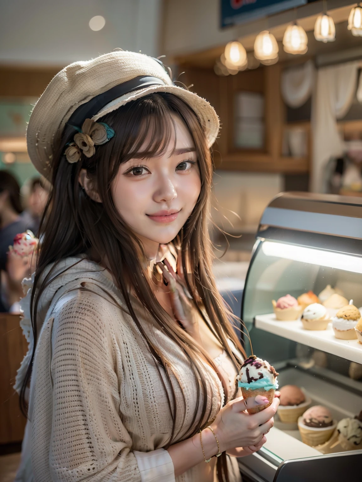 masterpiece, Beautiful single girl,Beautiful Eyes， Good Eyes， highest quality， Hyper HD， （Realistic： 1.4）， Cinema Lighting， Asian Beauty， China， so beautiful， Beautiful Skin， slim， （ultra photoRealisticim）， （High resolution）， （8k）， （Very detailed）， （Best illustrations）， （美しくてBeautiful Eyes）， （Very detailed）， （wallpaper）， Detailed face，The MILF Next Door， Bright lighting， Professional Lighting,（Emphasize large breasts),(Thirty One Ice Cream Shop:1.5),(Delicious ice cream: 1.3), (Clerk in a hat:1.4) , (Black Hair) and (Brown eyes), ponytail, (Bright smile: 1.3), (Audience: 1.3), (Bokeh), 18-year-old,Long Hair,(Brunette Hair）,46 point diagonal bangs，((whole body))，With a smile、
