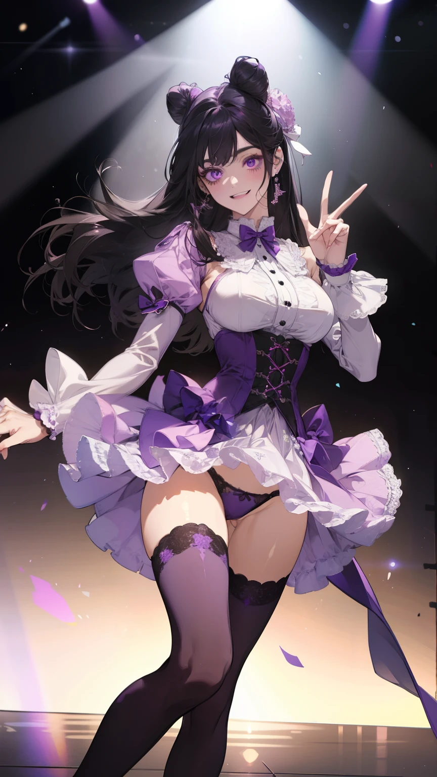 highest quality、All limbs、Full Finger、Perfect limbs、Slender beauty、two buns、Black Hair、Purple Eyes,Pink Cheeks,White and purple idol costume、Dark purple panties、Knee-high socks、Beautiful big breasts、Exposed thighs,Live Stage、sing、Dancing、Big smile,The white spotlight shines on her.