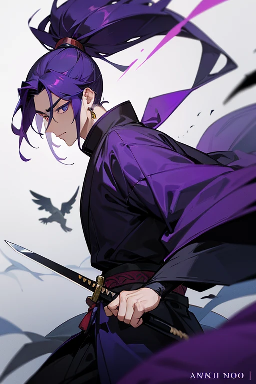 Laoi (First name) or Demoki (Given name) Is a purple haired warrior, expert in fighting, he has some sharp teeth, but is covered by his scarf that hides his mouth.
Clothing: He has black and purple kimono and a black nichirin sword.
He wears a purple scarf around his neck, same kimono colors to cover his mouth.
Age:
Unknown
Gender:
Male
Height
(Almost 5'6")
Eyes:
His pupils have the shape of crows
Demoki is a muscular 18-year-old man with long purple hair styled in a short, spiky cut. He has a thin messy tied ponytail running down his back and has a yellow earring. His eyes are a striking indigo,with crow shaped pupils. Despite his long hairstyle, and earring, he is clearly male with a strong build and tall stature.