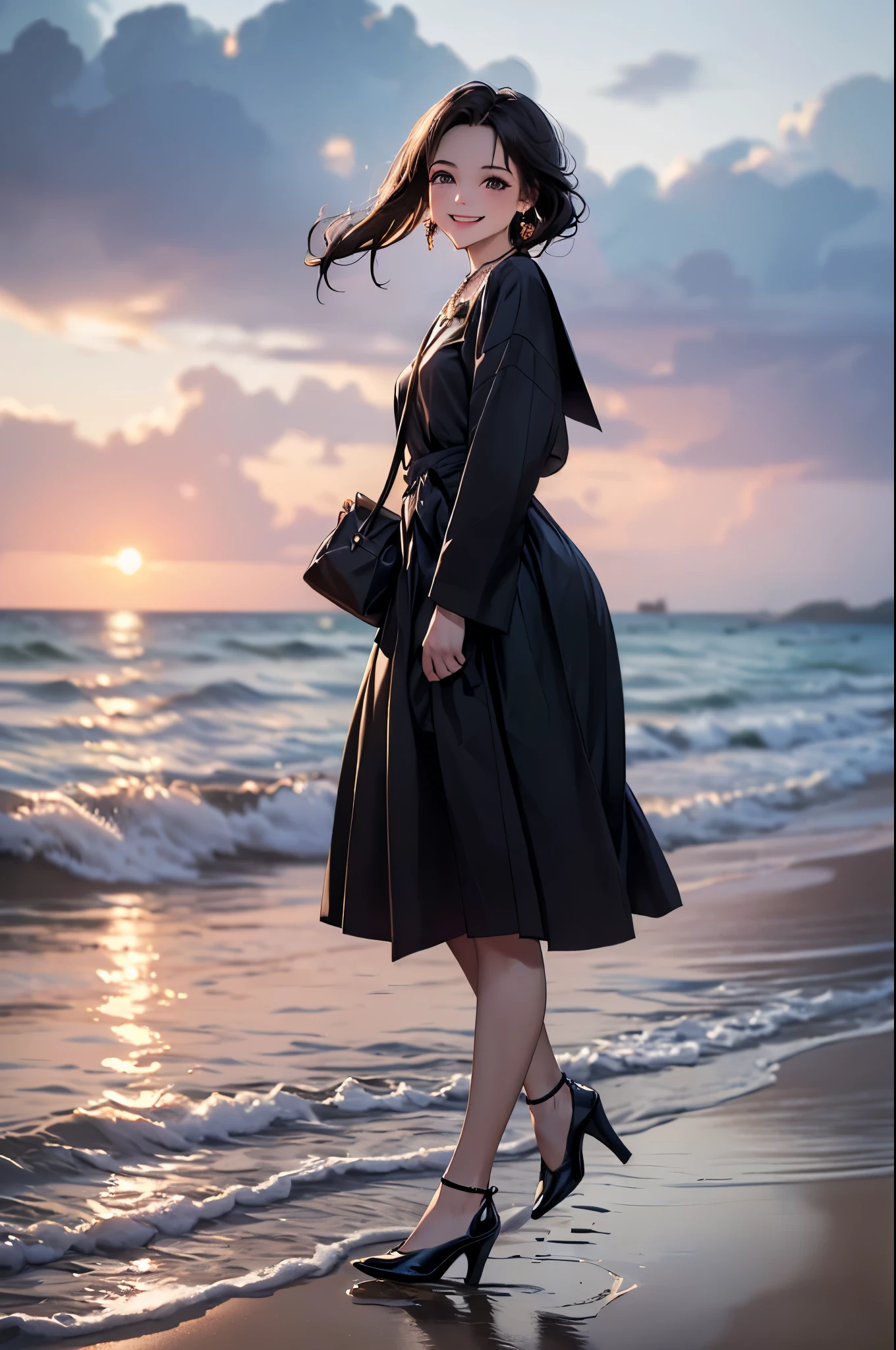 ((Biologically correct limb count))、((Full Body Shot, Full-body photo including face))、4K、masterpiece、((Focus on the face))、((Symmetrical facial features))、Eyes of meticulous depiction、Beautiful woman、Excellent style、Beautiful feet、(High heels)、Facial detailing、Small earrings、necklace、(JK、Japanese school girl uniform)、With the sunset over the sea as a backdrop、A big smile、Scene of walking on the beach、